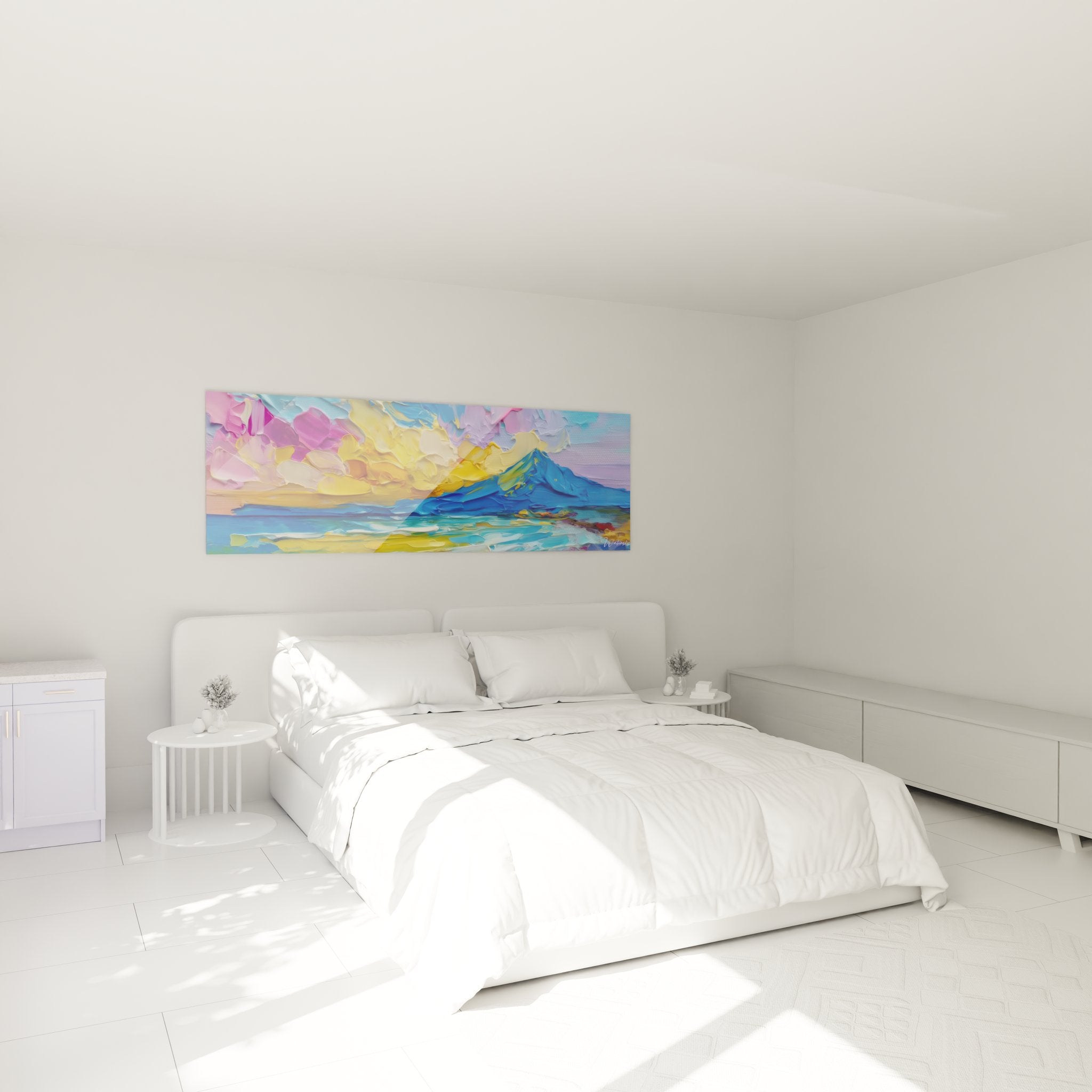 Ambiance chambre avec tableau mural volcanique coloré accroché au-dessus du lit
