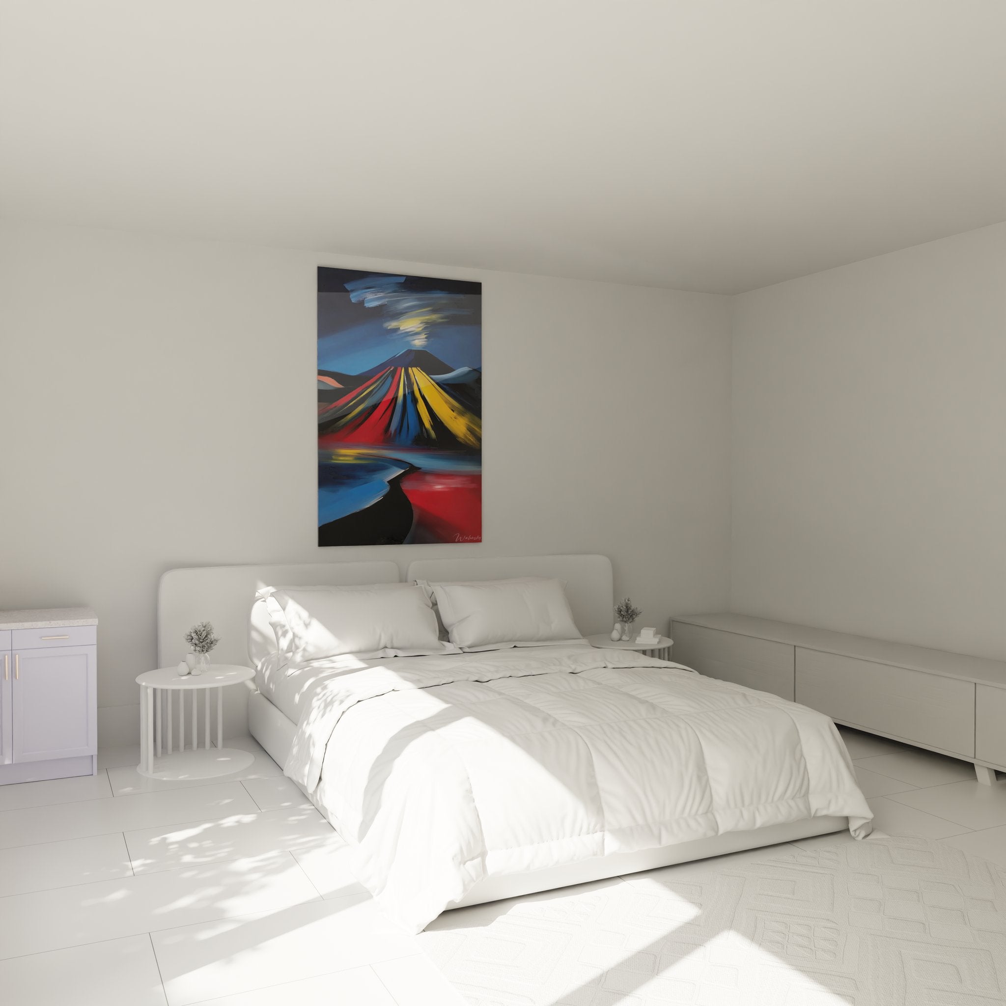 Tableau mural volcan moderne dans ambiance chambre avec décoration contemporaine