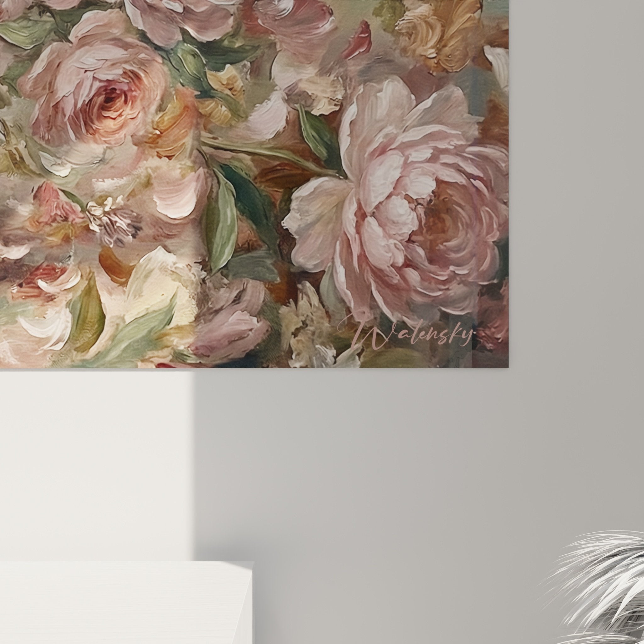 Vue d'ensemble tableau mural Yorkshire Terrier dans decor fleuri pivoines roses style impressionniste
