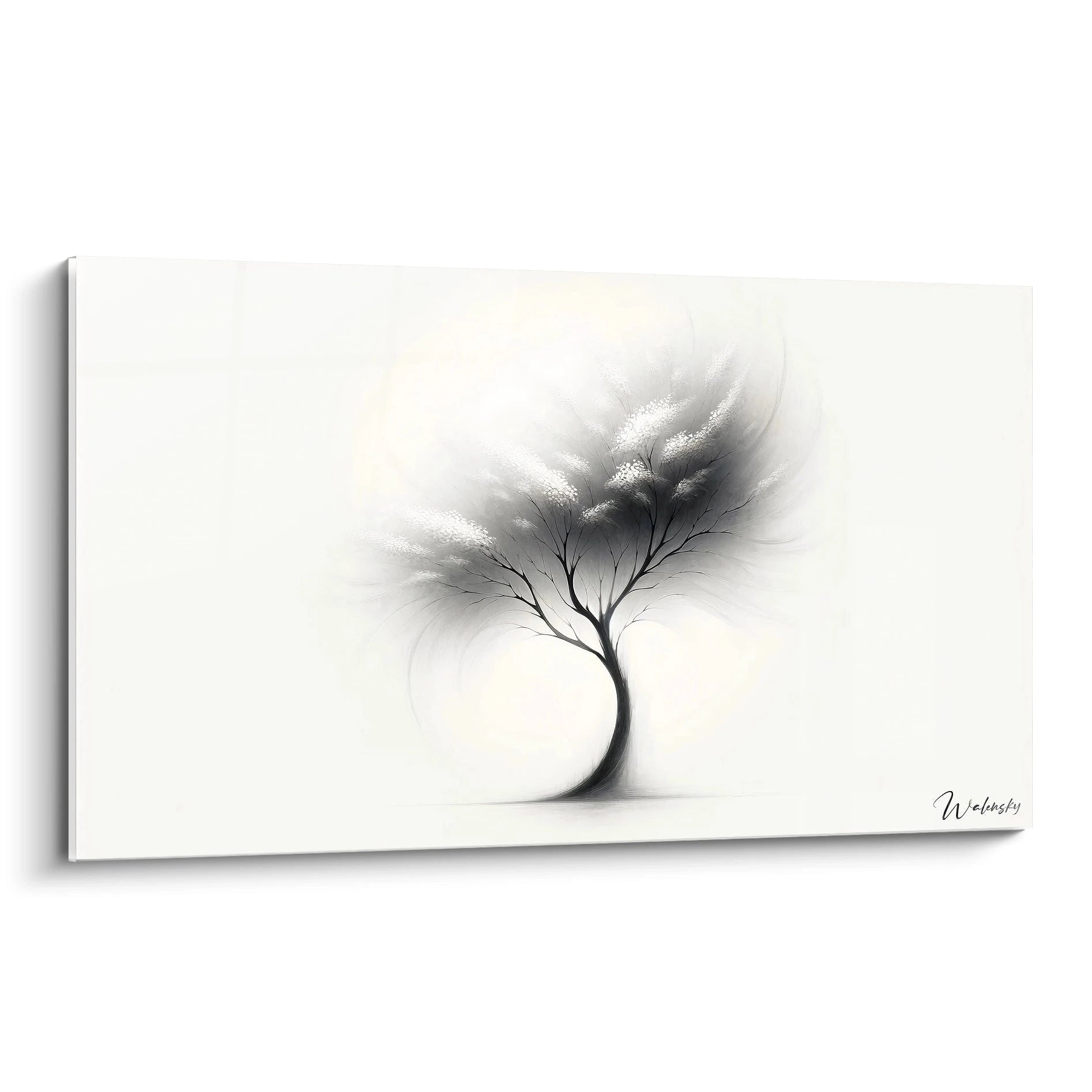 Tableau abstrait représentant un arbre solitaire stylisé en noir et blanc. Tronc fin et courbé avec ramifications délicates s'évasant vers le haut. Feuillage suggéré par touches légères et points blancs vaporeux. Composition minimaliste avec silhouette gracile sur fond blanc immaculé et ombre subtile à la base.