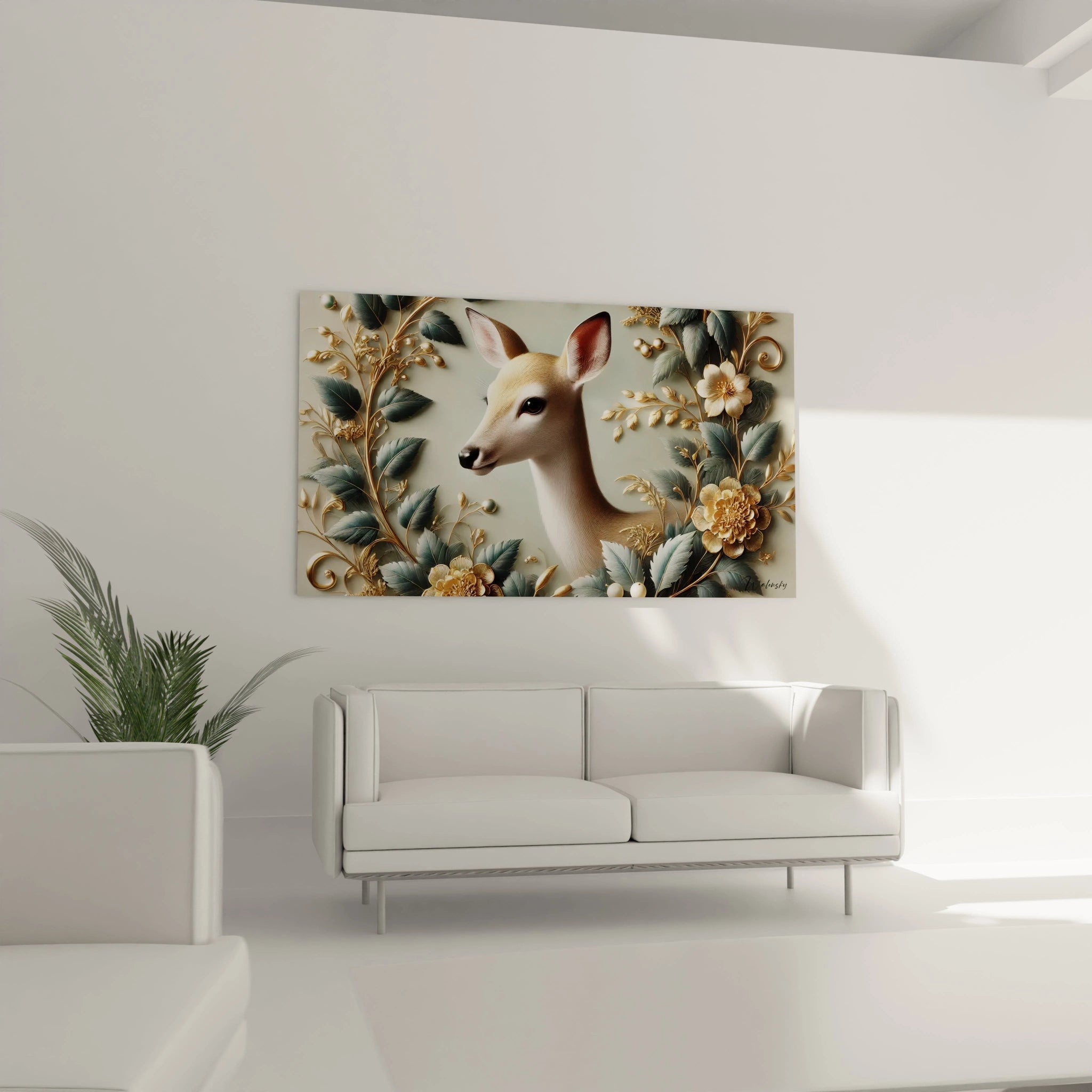 Ajoutez une note de sophistication à votre salon avec le tableau biche. Sa présence au-dessus du canapé inspire calme et élégance, transformant votre espace en un véritable havre de paix.