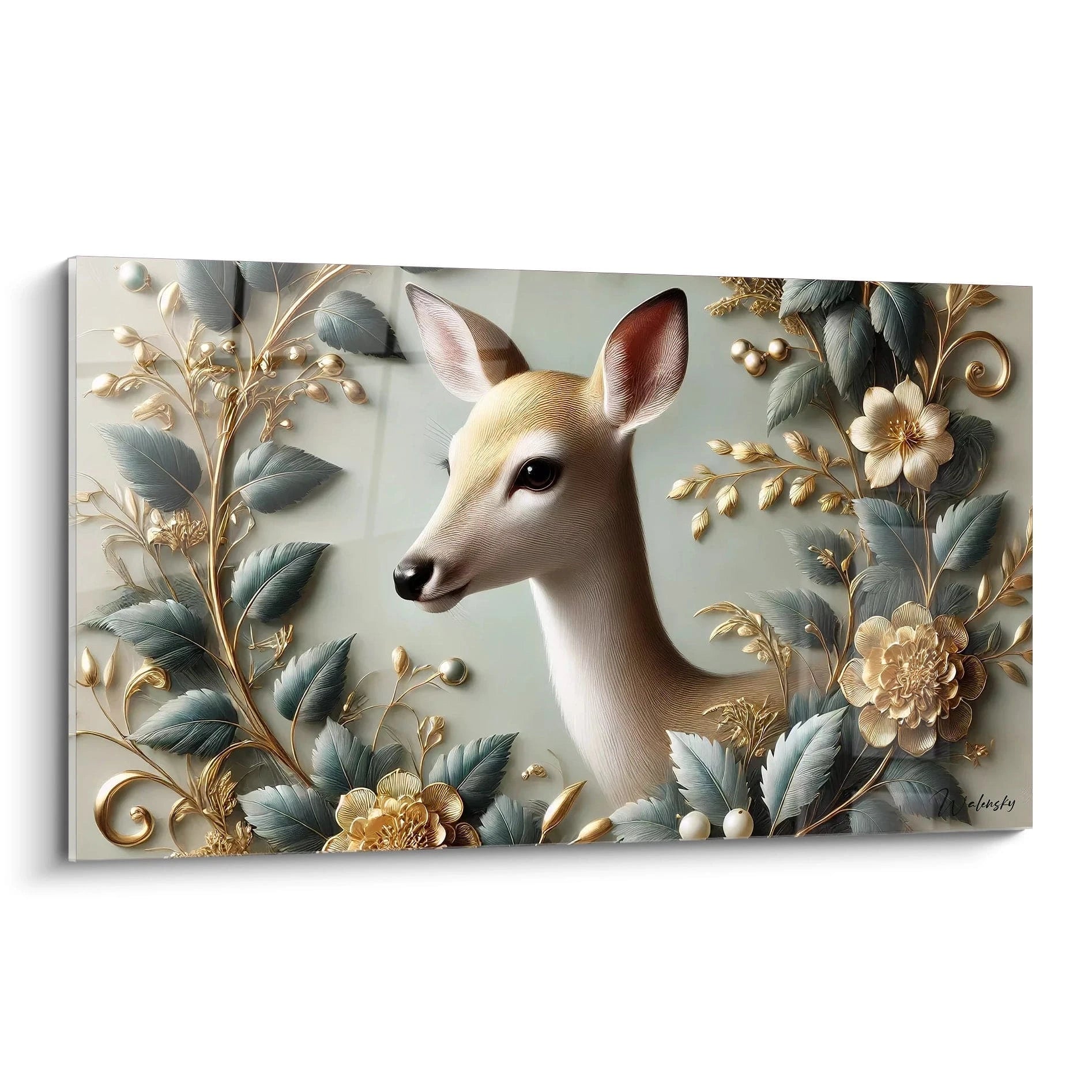 Découvrez le tableau biche, une pièce unique où l'élégance animale se marie avec des éléments floraux dorés. Chaque détail évoque la beauté de la nature, apportant sérénité et raffinement.
