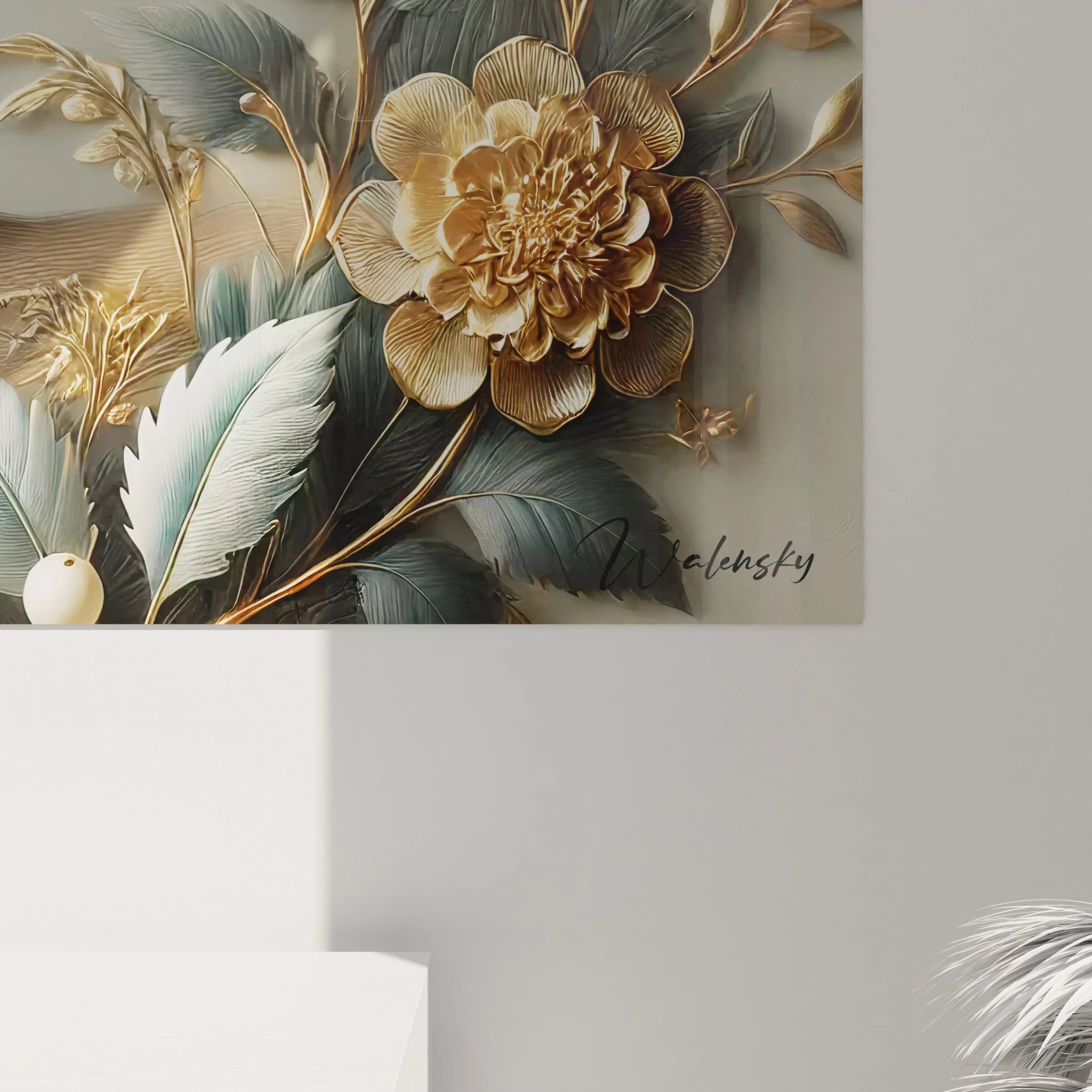 Admirez de près le tableau biche, où chaque poil et détail floral est méticuleusement représenté. L'harmonie des couleurs or, vert et beige crée une œuvre d'art captivante et unique.