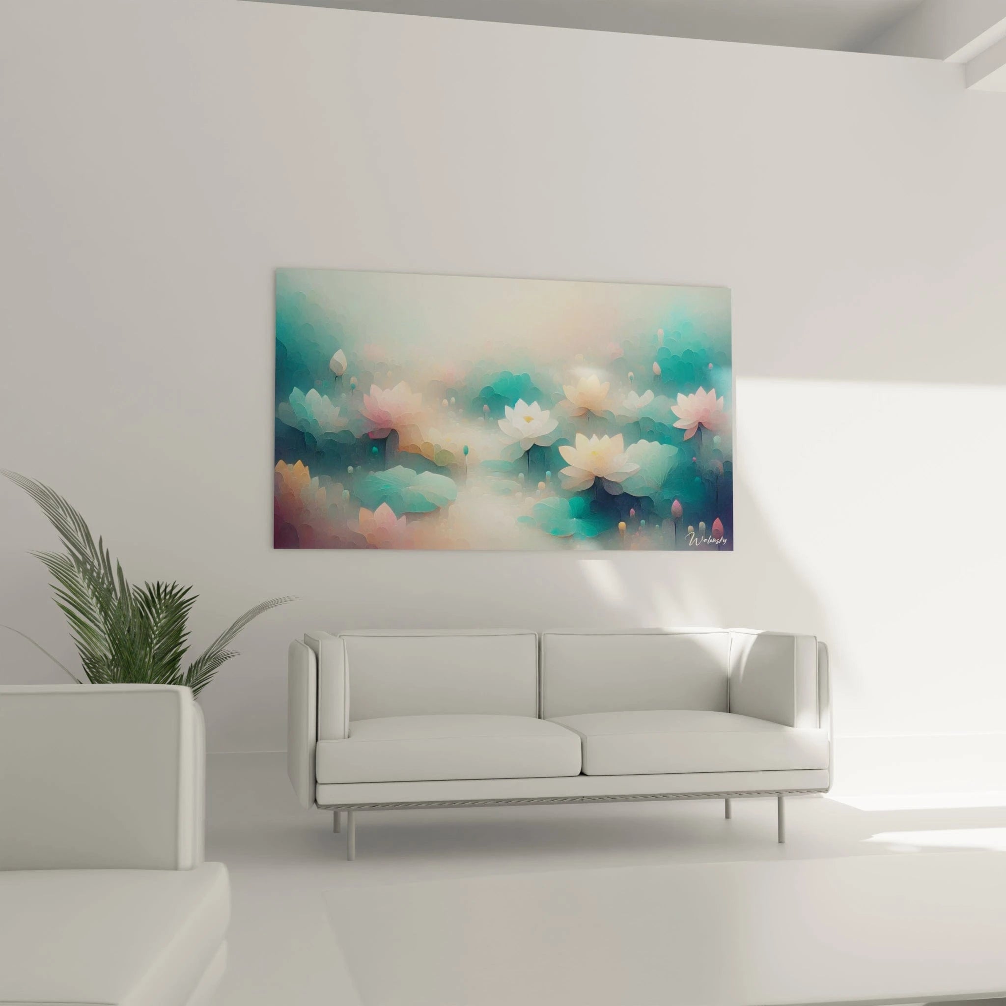 Un tableau abstrait montrant un étang avec des lotus stylisés en rose clair, vert d’eau et ivoire, sur un fond brumeux aux nuances pastel et contours estompés.