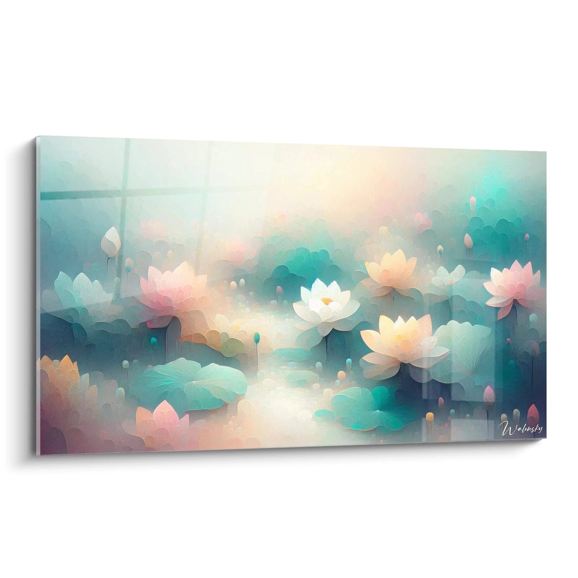 Un tableau abstrait représentant des fleurs de lotus stylisées, avec des teintes pastel de rose, blanc, turquoise et beige, et des effets de brume douce et contours floutés.