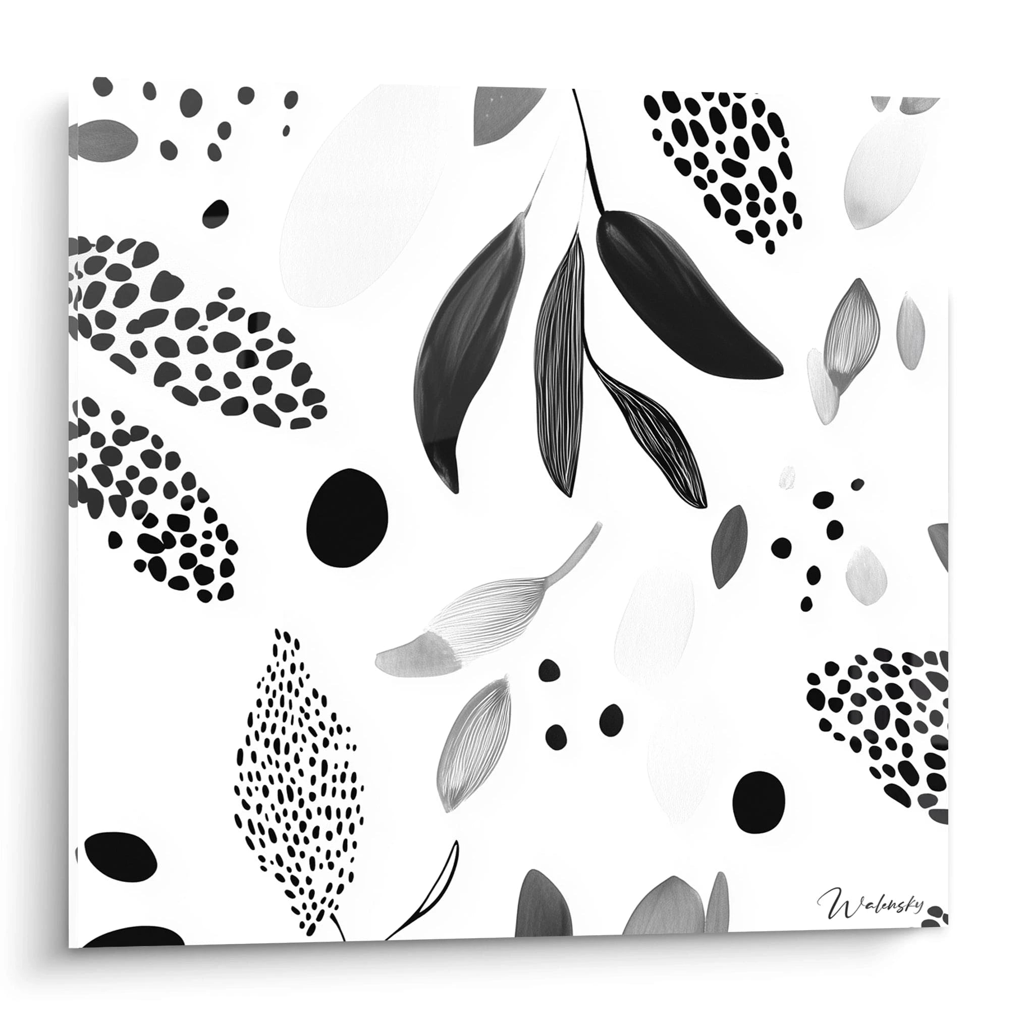 Tableau tacheté noir et blanc de Walensky avec des motifs floraux modernes et abstraits