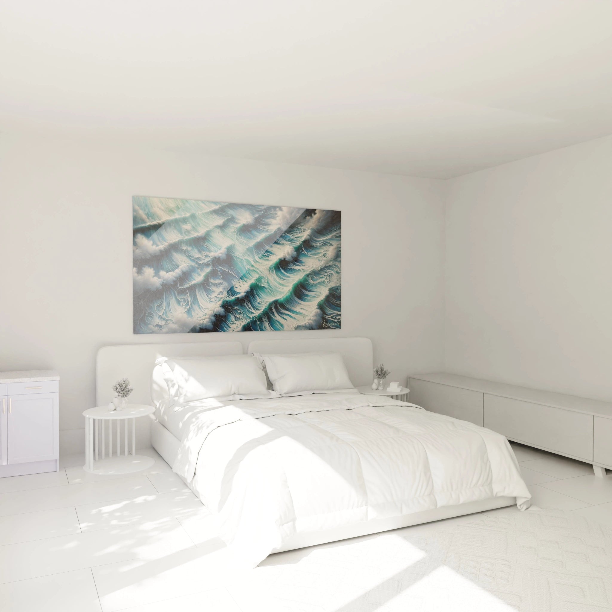 Dans cette chambre, le tableau Mer au-dessus du lit transforme l'espace en un havre de paix, invitant à la contemplation des vagues hypnotiques de l'océan.