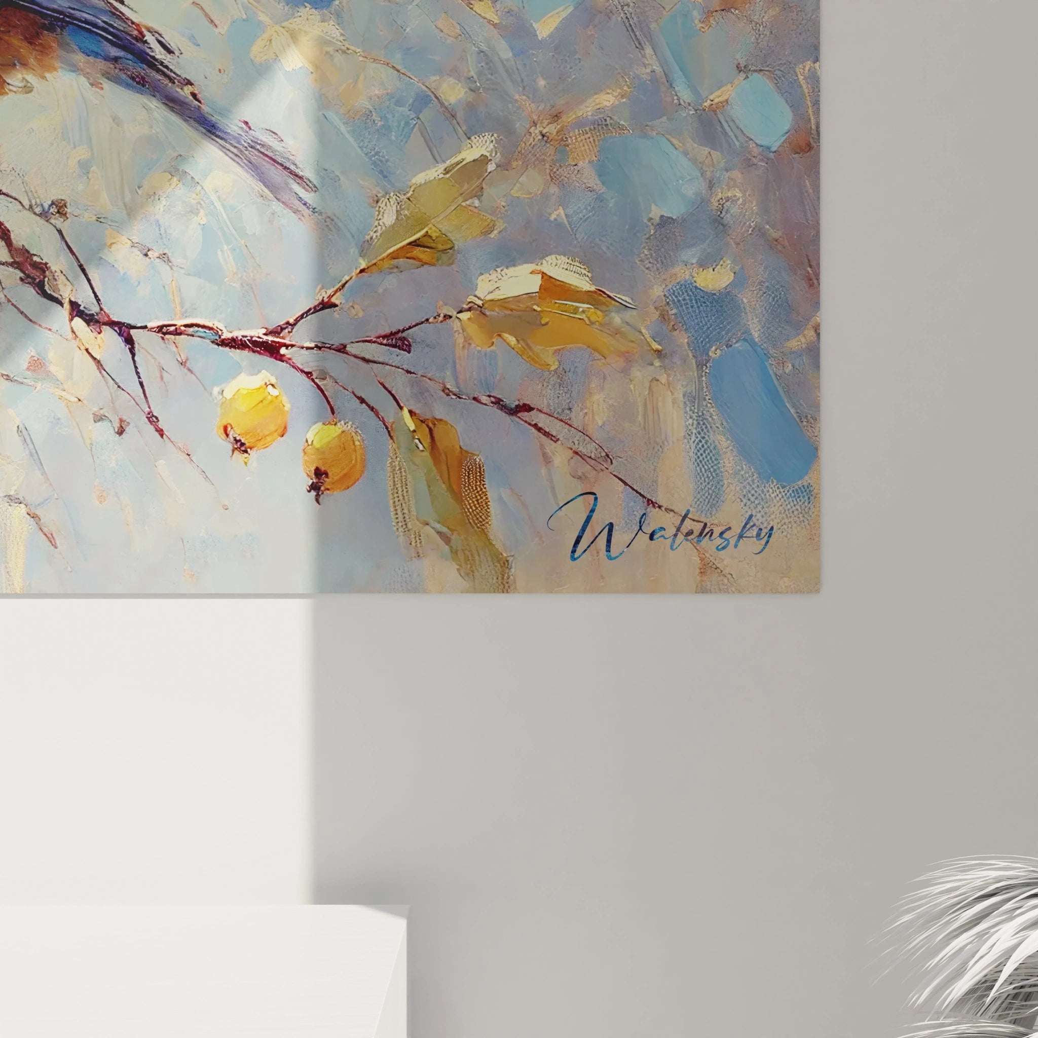 Découvrez de près ce tableau oiseaux aux détails minutieux. Les mésanges, les baies et les feuilles sont magnifiquement texturés, offrant une richesse visuelle qui capte l’essence de la nature.