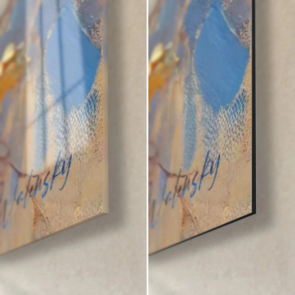 Tableau mésanges peintes au couteau, coin bas droit : verre acrylique brillant à gauche, Dibond mat à droite, tranche 3 mm