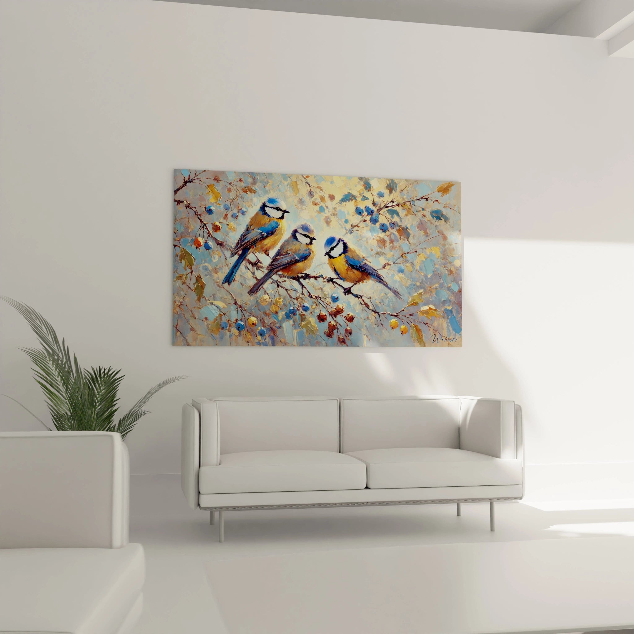Accroché au-dessus d'un canapé, ce tableau oiseaux apporte une sensation de calme et de fraîcheur naturelle à votre salon. Ses couleurs vibrantes de mésanges créent une ambiance accueillante et apaisante.
