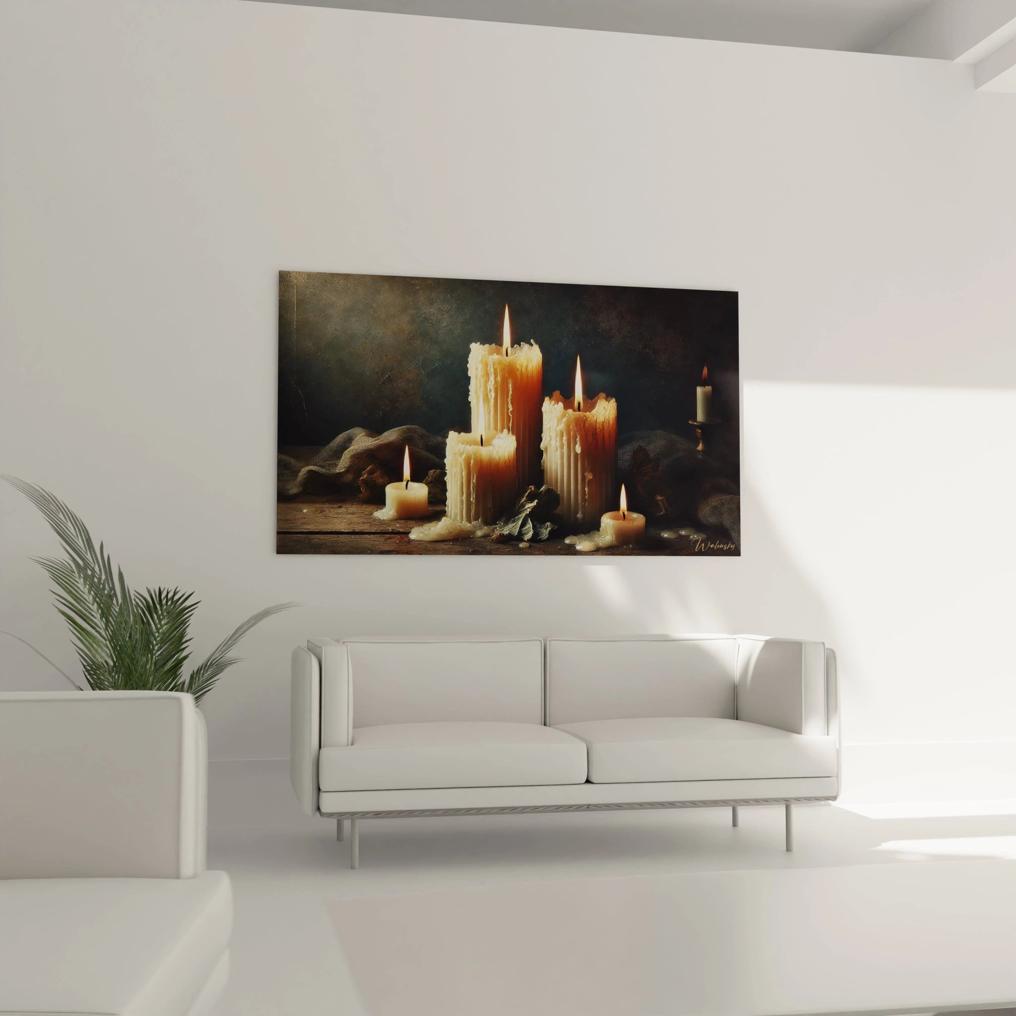 Sublimez votre salon avec ce tableau bougie placé au-dessus du canapé. Sa lumière chaleureuse et ses détails réalistes créent une ambiance accueillante et intime.