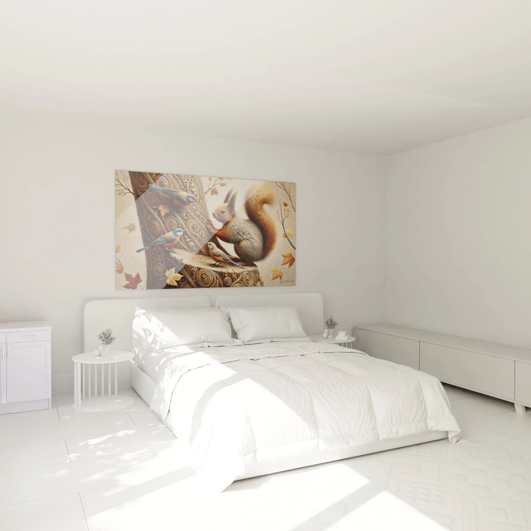 Tableau ecureuil accroché dans une chambre au dessus du lit, apportant calme et serenite. L'ambiance automnale cree une atmosphere reposante propice au sommeil et a la detente.