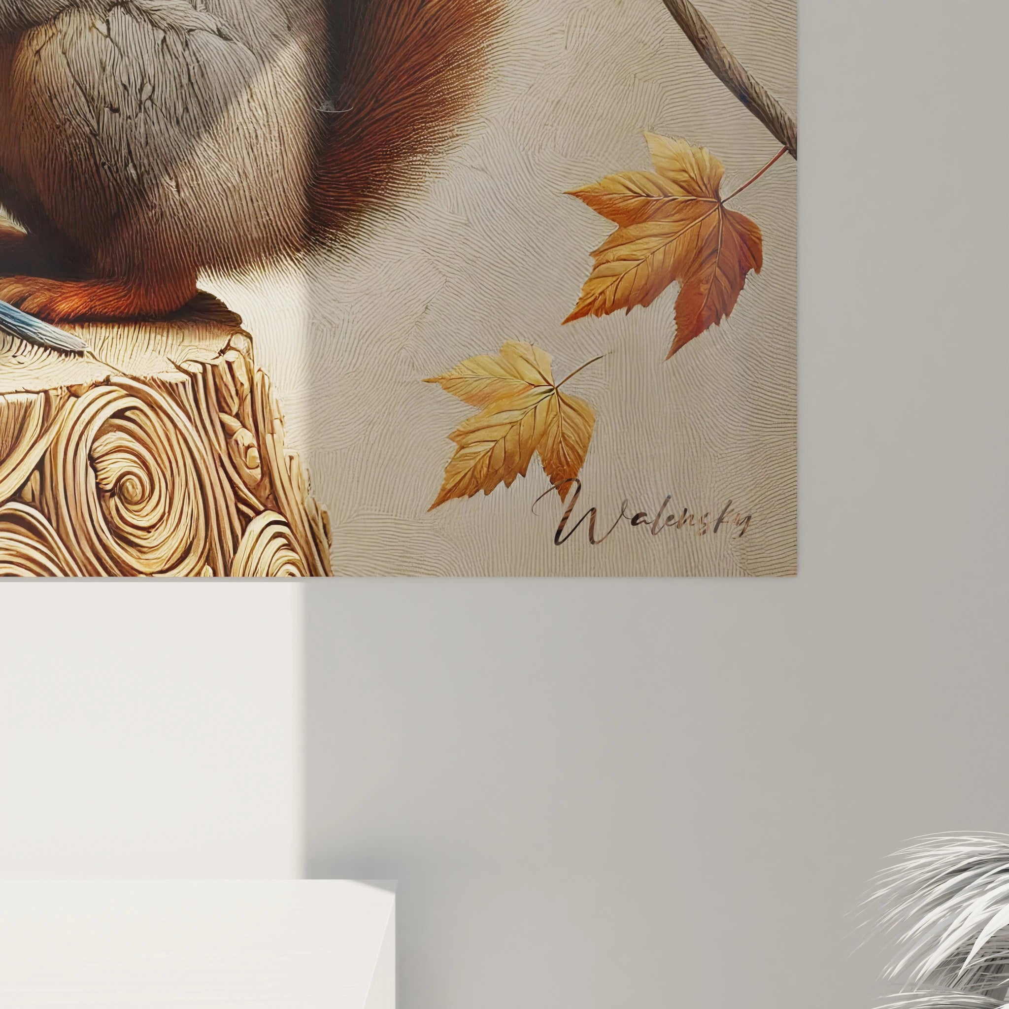 Vue de pres du tableau ecureuil, revelant la finesse des details et la douceur de la scene. Un chef d'oeuvre qui associe harmonie naturelle et profondeur artistique.