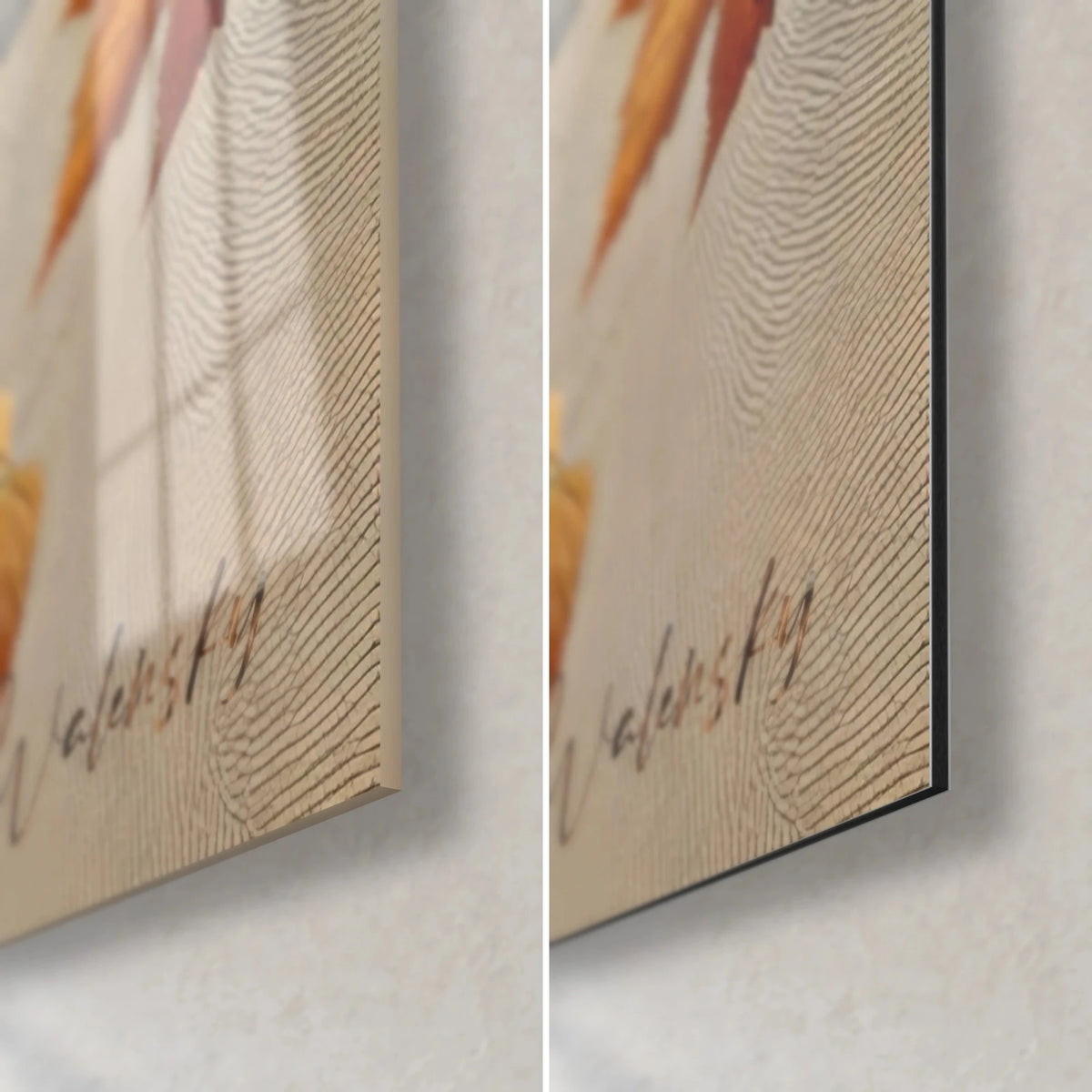 Wall art squirrel with grey and copper fur, bottom right corner, Walensky signature, glossy acrylic glass and 3 mm matt black Dibond