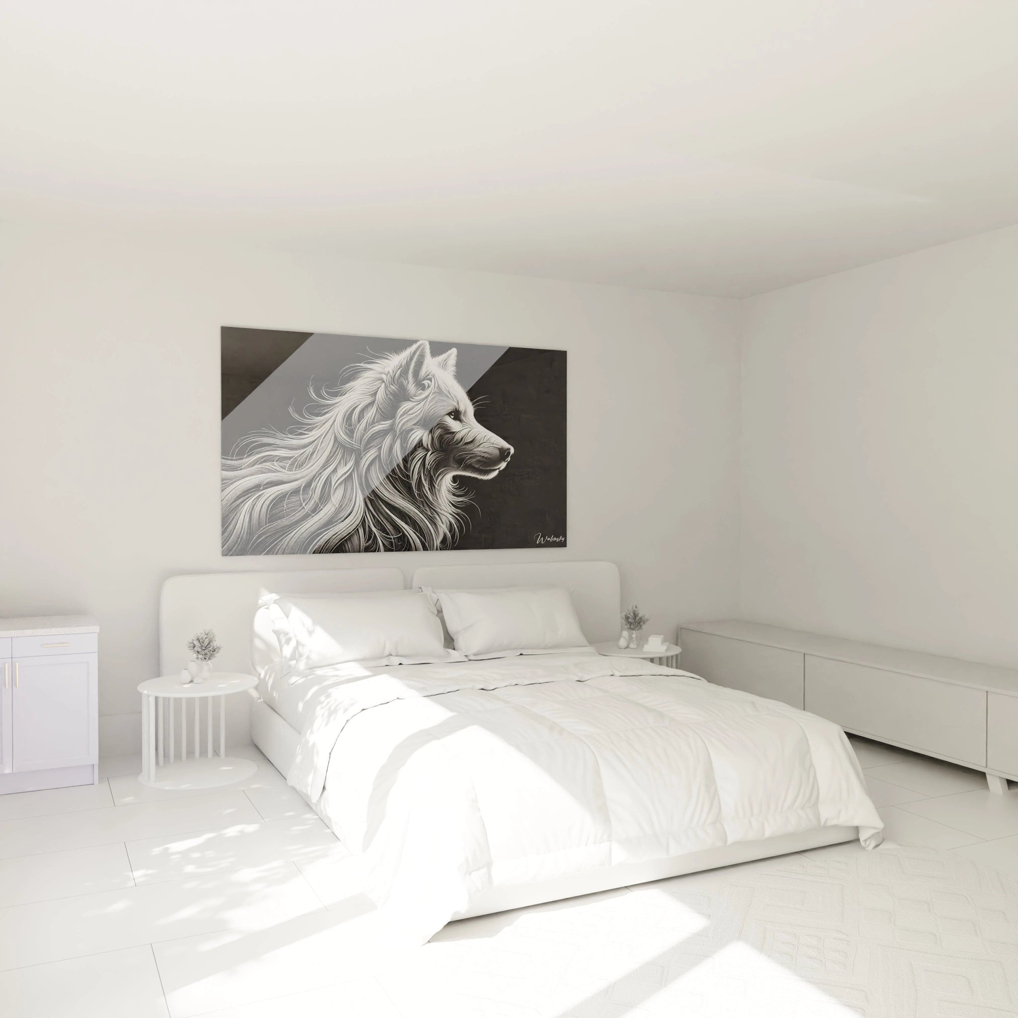 tableau loup monochrome accroché au mur au-dessus d'un lit. L'œuvre apporte une touche élégante à la chambre avec sa profondeur et son jeu de contrastes noir et blanc.