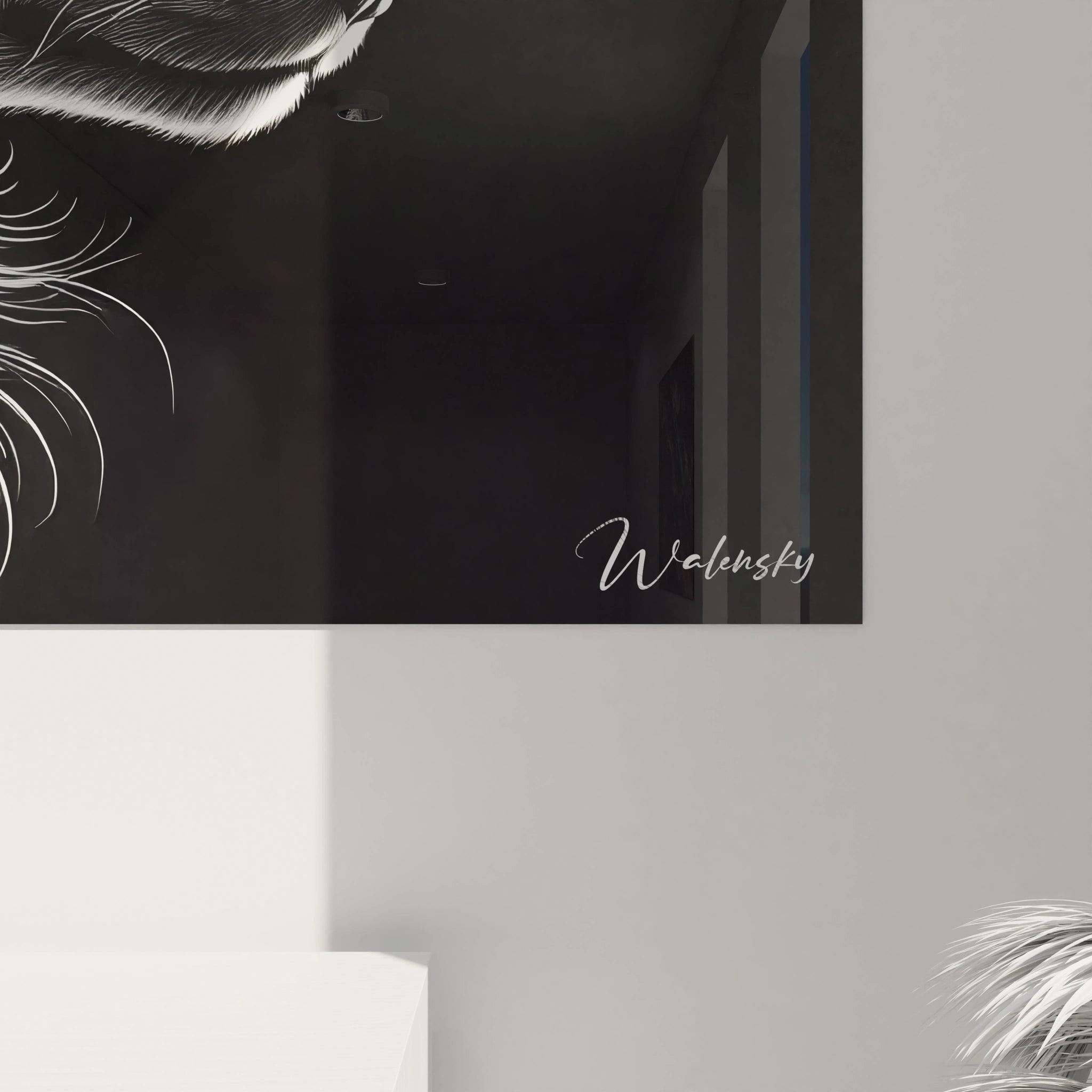 vue rapprochée du tableau loup. Détails fins du pelage et des contrastes noir et blanc qui révèlent la beauté graphique et la force de l'animal.