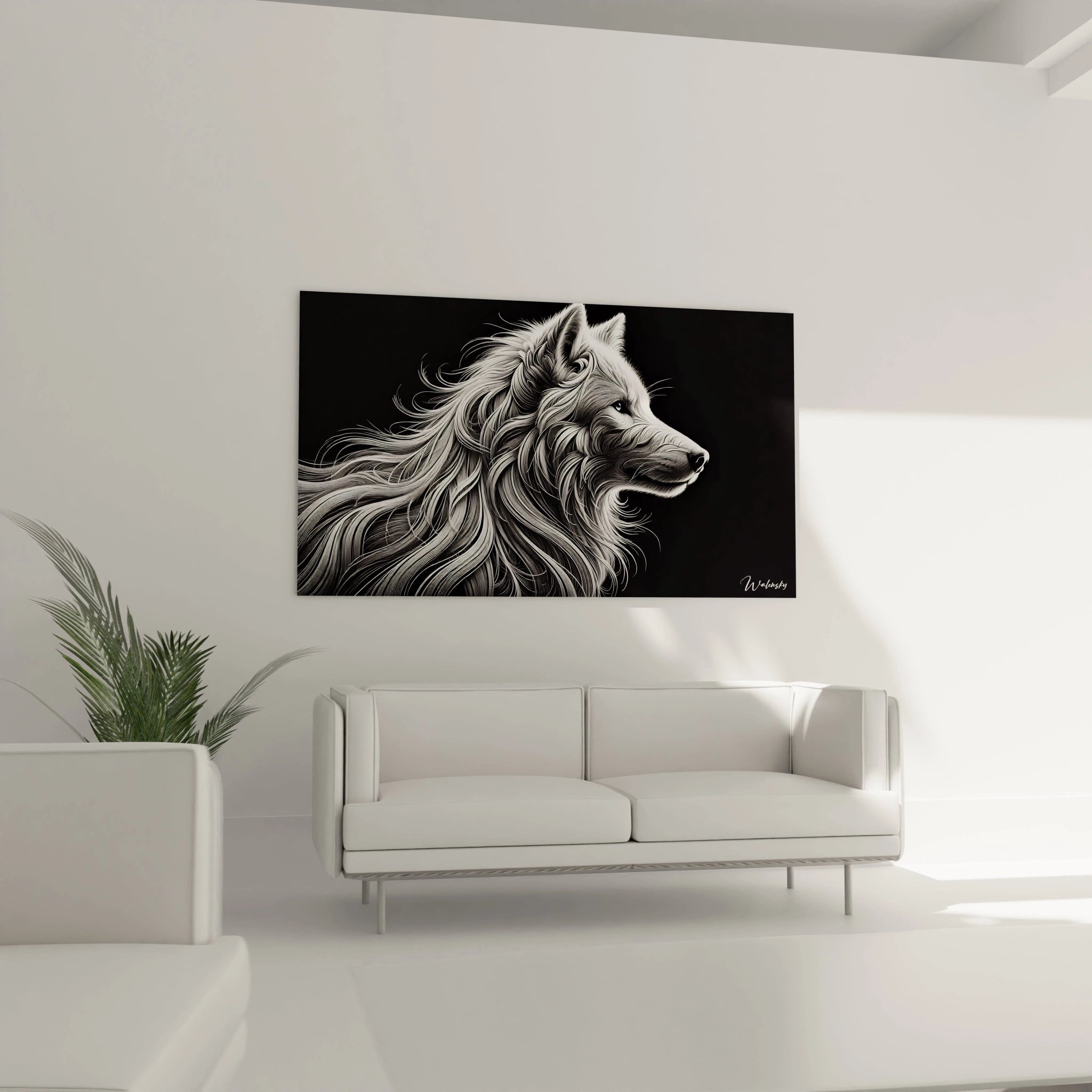 tableau loup en noir et blanc au-dessus d'un canapé. Cette pièce centrale crée une ambiance raffinée et contemporaine dans le salon, soulignant la majesté du loup.