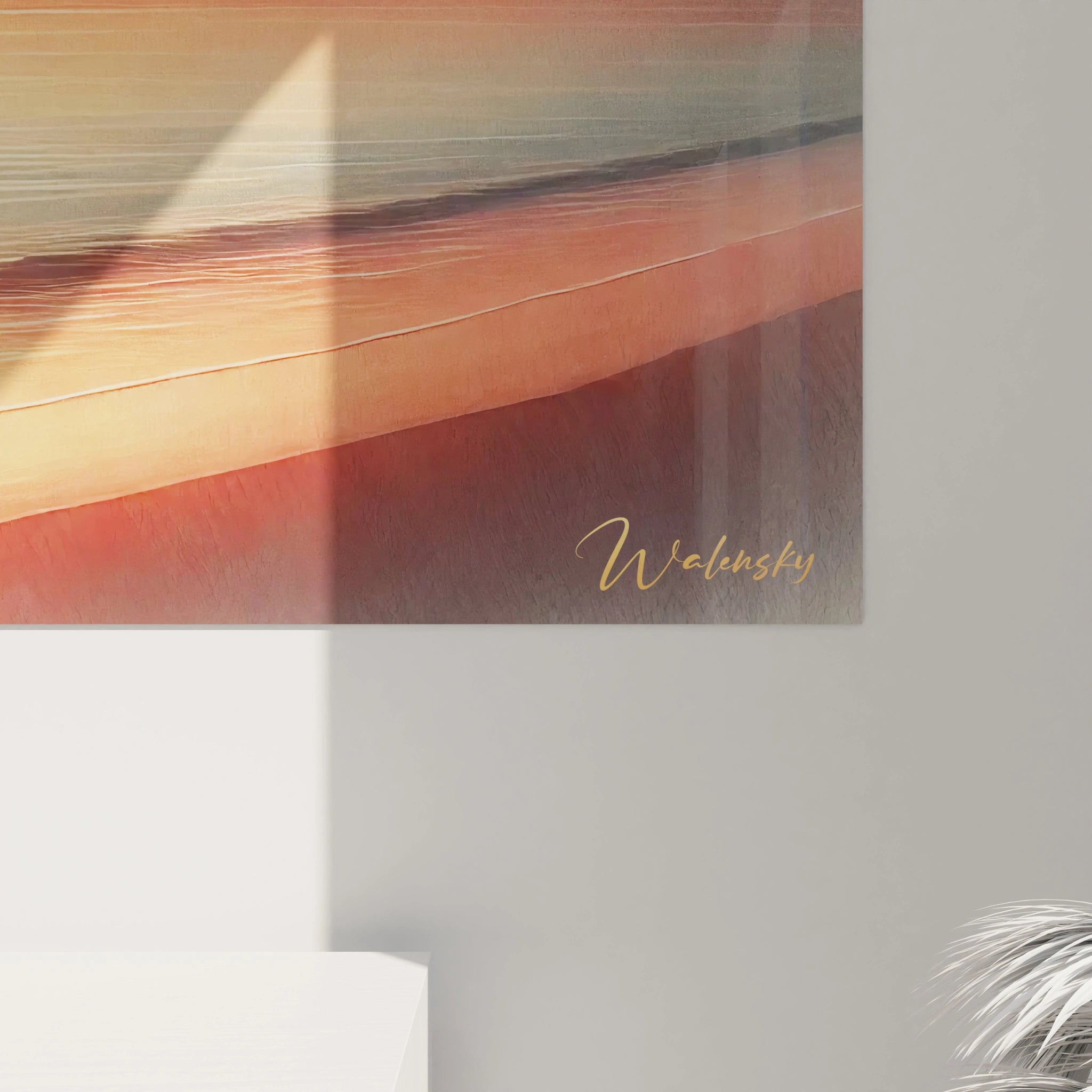 Admirez le tableau Coucher de Soleil de près, où les subtils dégradés de rouge, orange et bleu révèlent la beauté d'un crépuscule calme, vous plongeant dans une atmosphère apaisante.