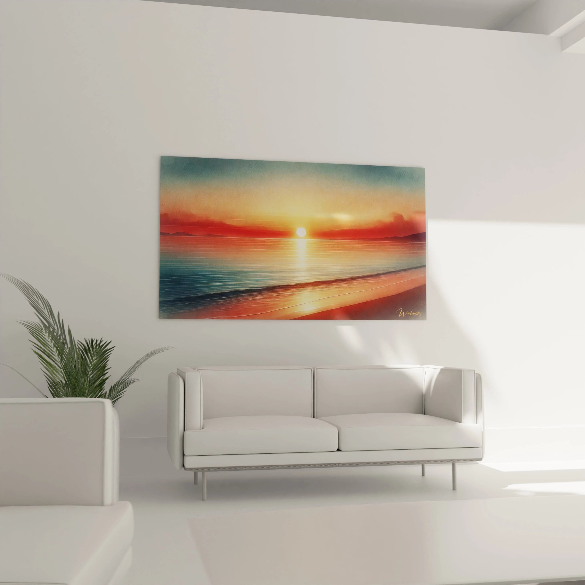 Le tableau Coucher de Soleil, accroché au-dessus du canapé, apporte une touche de tranquillité à ce salon moderne, grâce à ses reflets dorés et ses couleurs inspirantes qui enchantent l'espace.