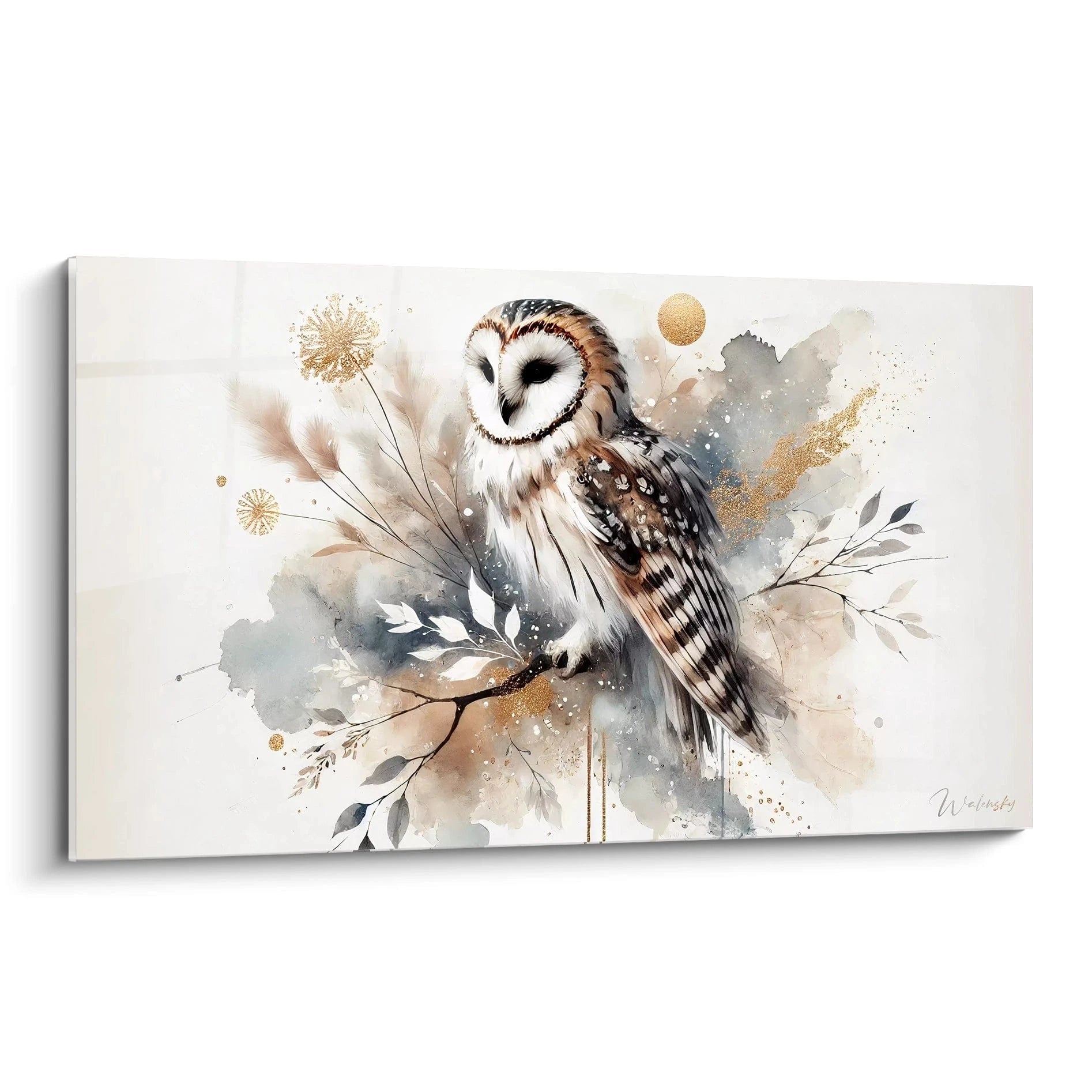 Tableau chouette delicat et poetique, melangeant realisme et abstrait avec des touches d'or et de beige, ideal pour un interieur apaisant. Un chef d'oeuvre raffine.