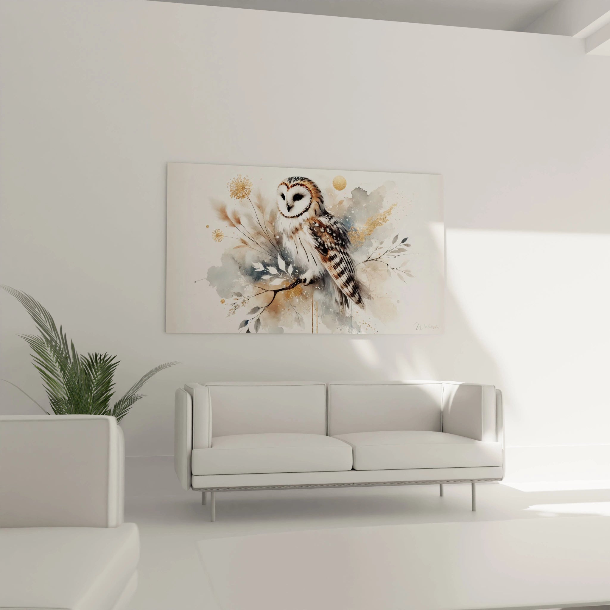 Tableau chouette raffine pour salon, representation realiste et abstraite de la chouette perchee. Ambiance poetique avec touches d'or et nuances douces.