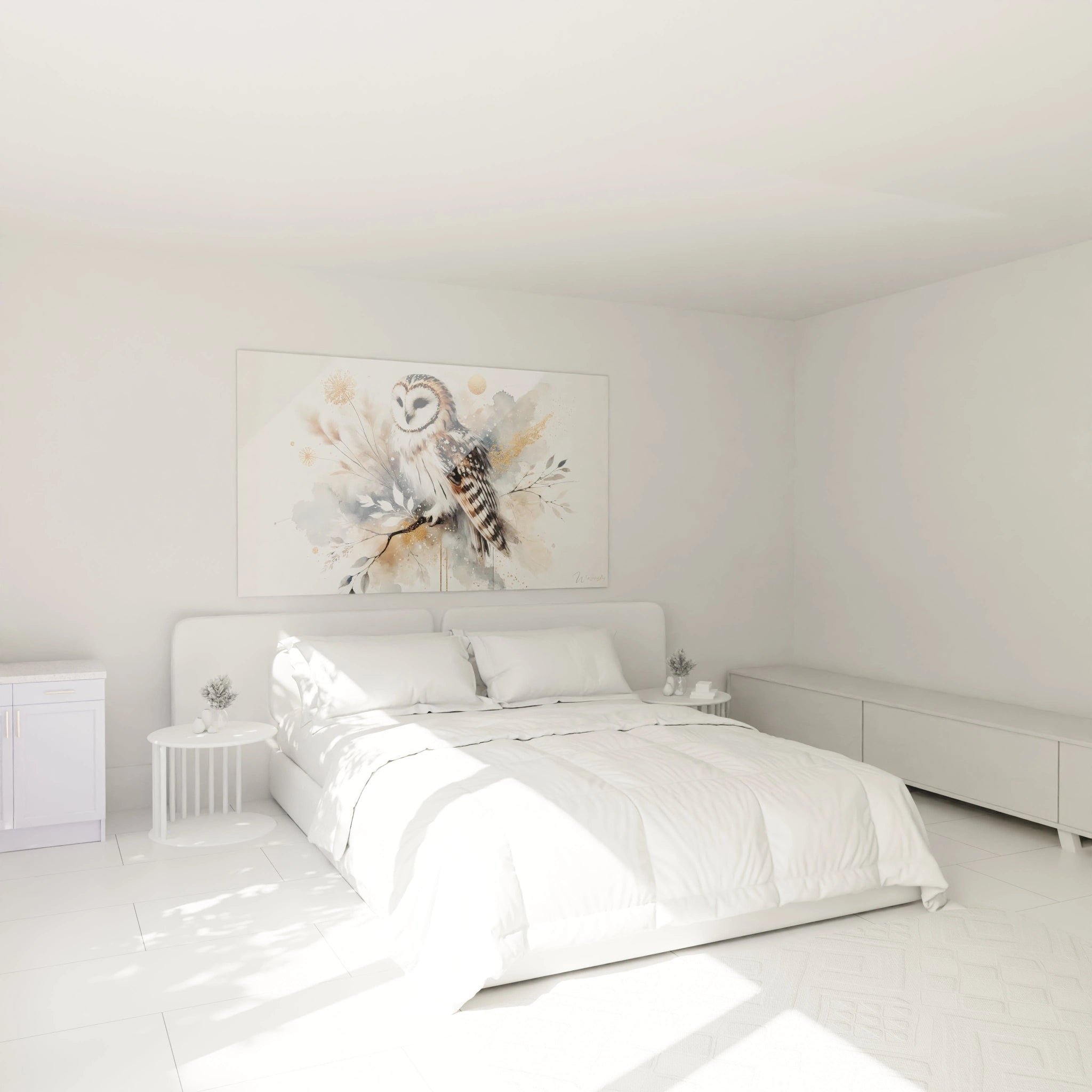 Apportez une touche poetique et apaisante a votre chambre avec ce tableau chouette, representation delicate d'une chouette entouree de motifs floraux dores.