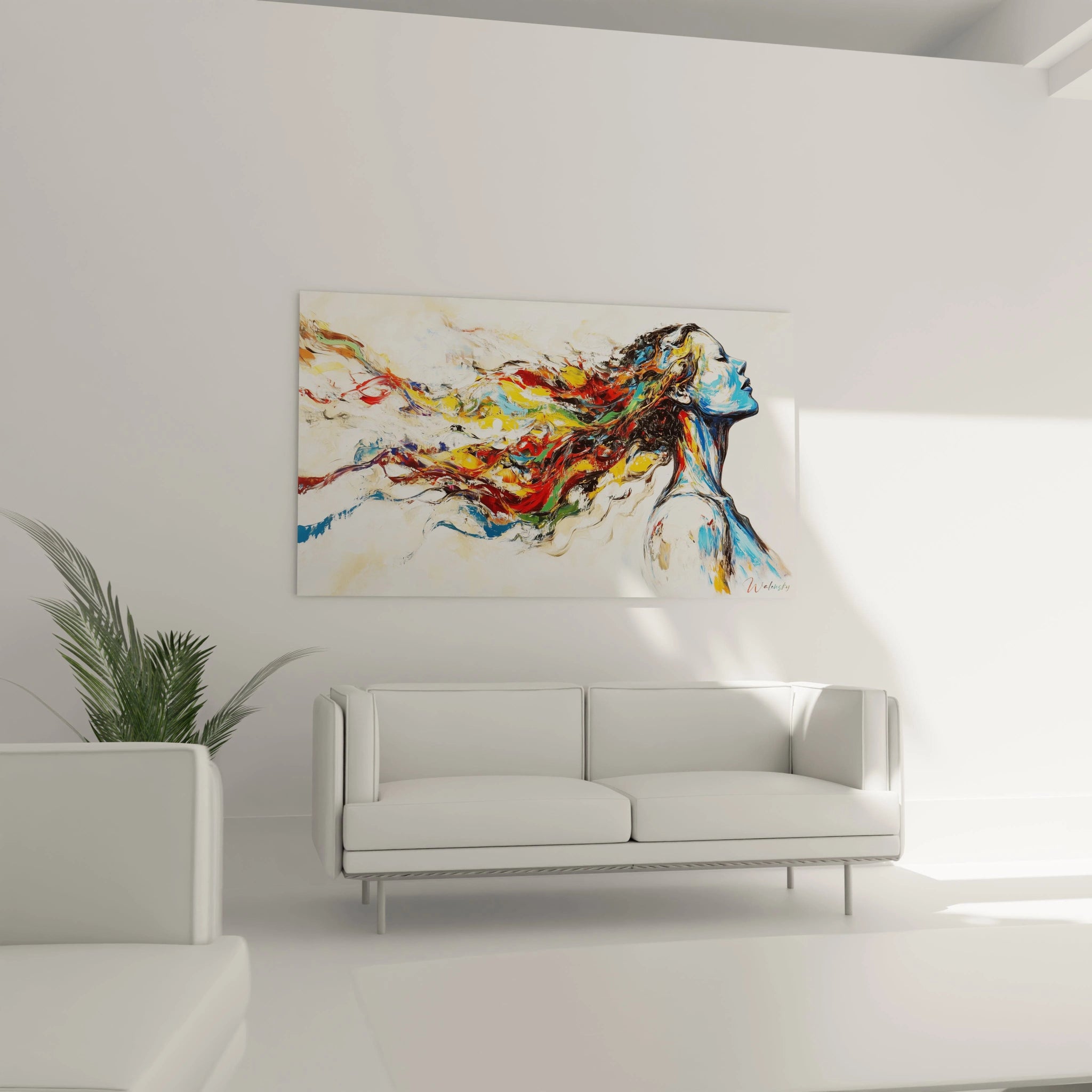 Tableau peinture contemporaine abstrait illustrant une figure féminine entourée de mouvements colorés fluides, avec des couleurs dominantes rouge, bleu et jaune sur un fond clair.