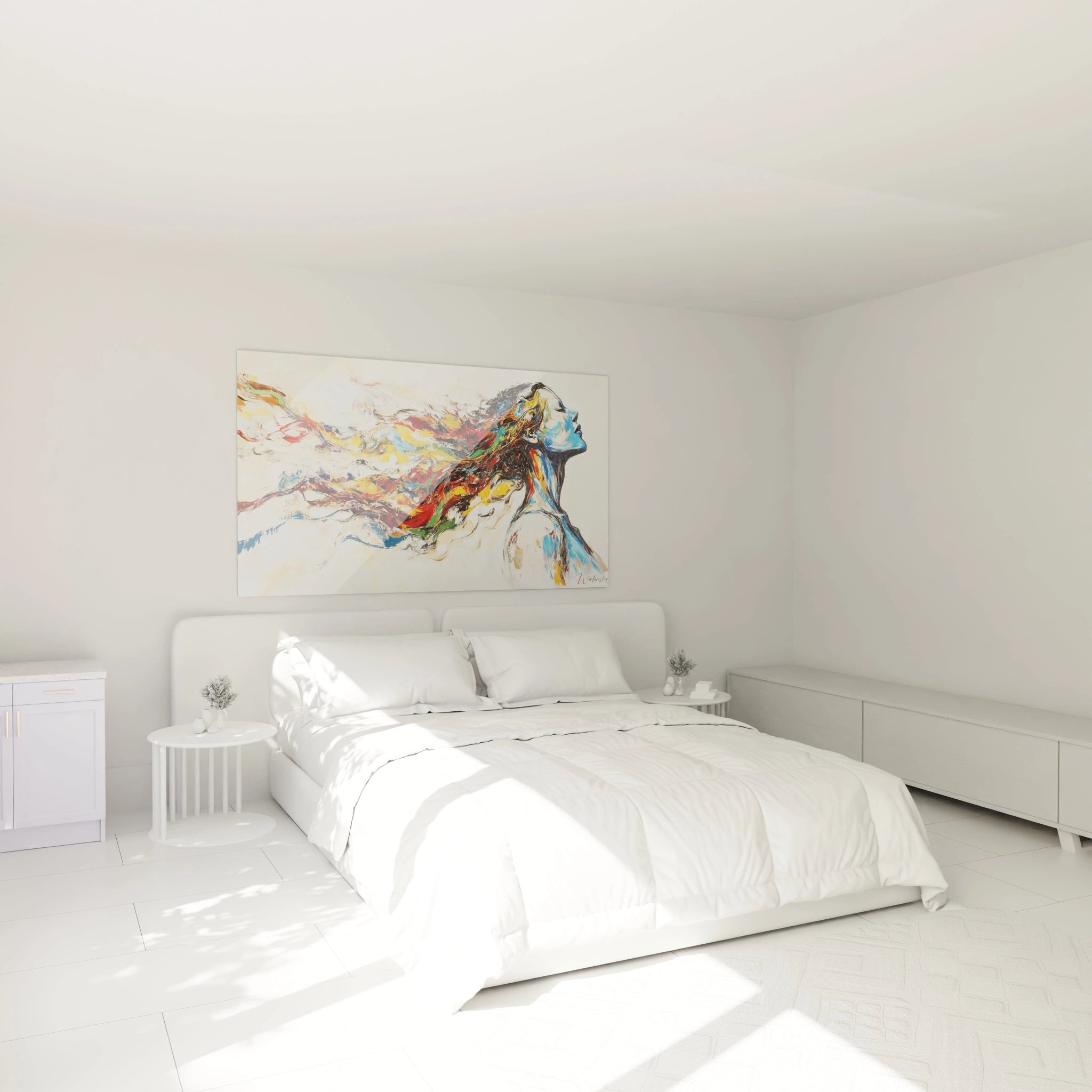 Une composition abstraite centrée sur une figure féminine et des courants multicolores, aux teintes rouge, jaune et bleu, avec des reliefs de peinture dynamique et des contours texturés.