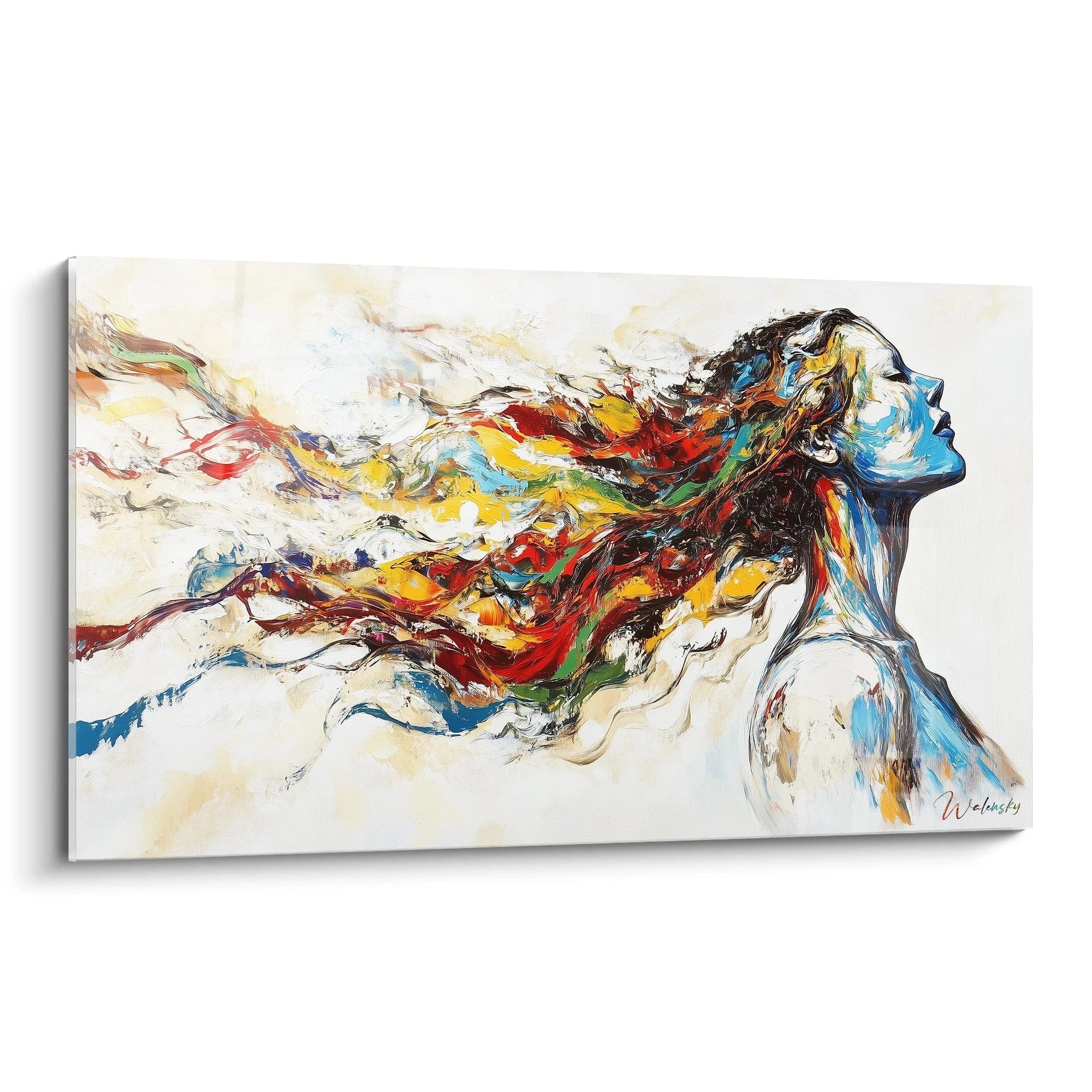 Un tableau peinture contemporaine abstrait représentant une silhouette féminine de profil, avec des éclats de rouge, jaune et bleu, et des textures fluides sur un fond blanc texturé.