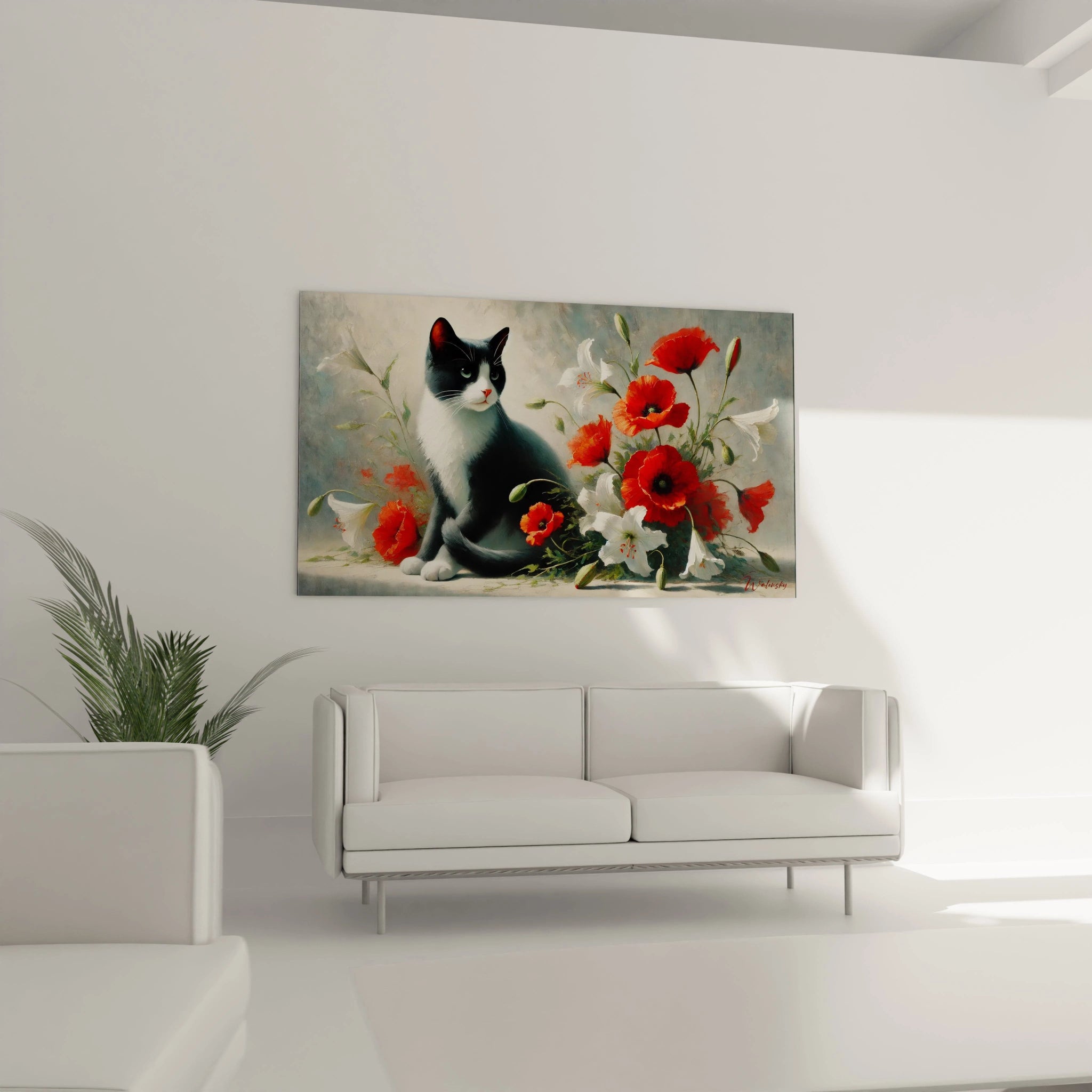 Ce tableau chat floral sublime un salon. Placé au-dessus du canapé, le contraste entre le chat noir et blanc et les fleurs rouges attire l’œil, ajoutant charme et nature à votre décoration.