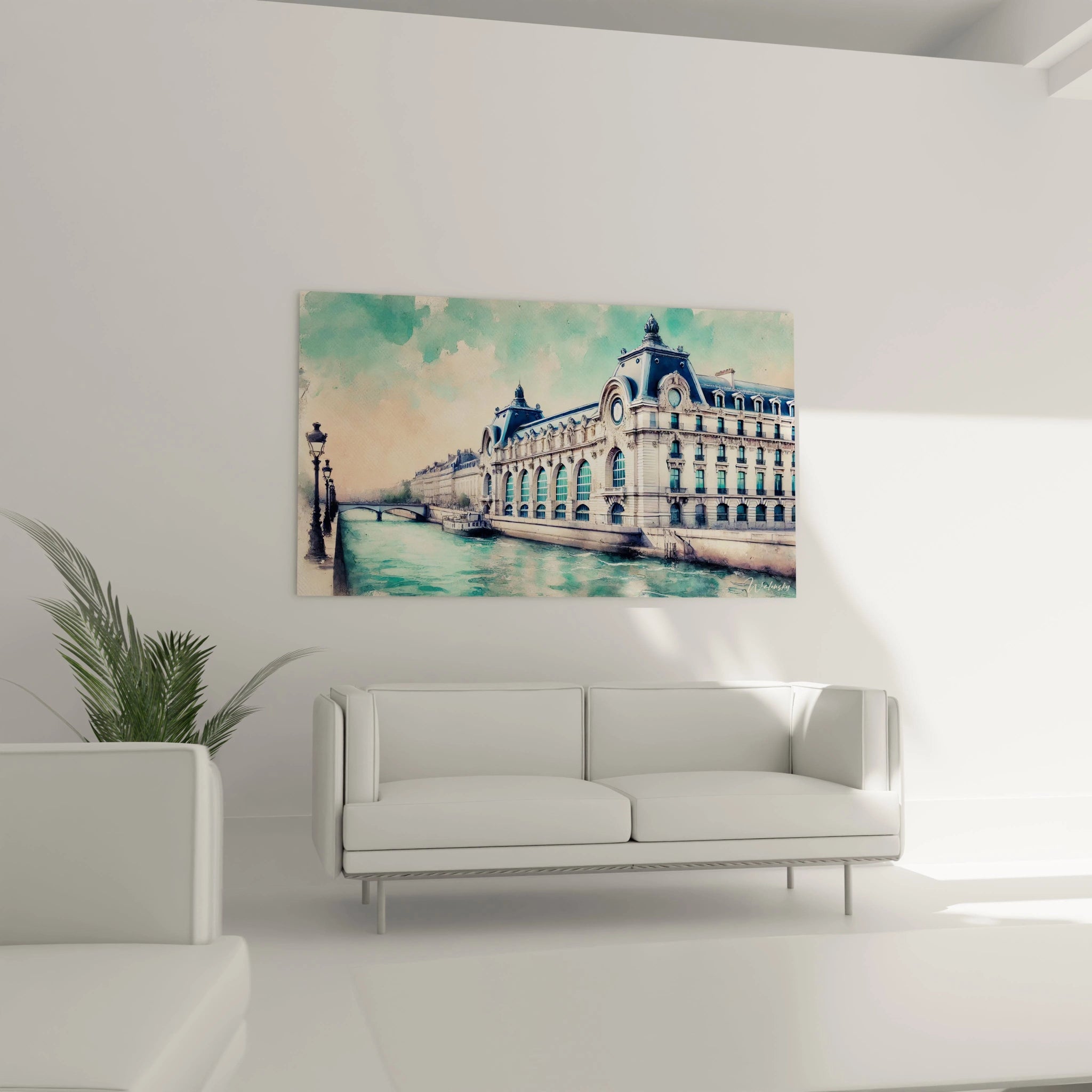 tableau Musée d'Orsay dans un salon ajoute un charme parisien au-dessus du canapé. Ses lignes élégantes et textures riches évoquent la lumière douce et le calme des rives de la Seine.