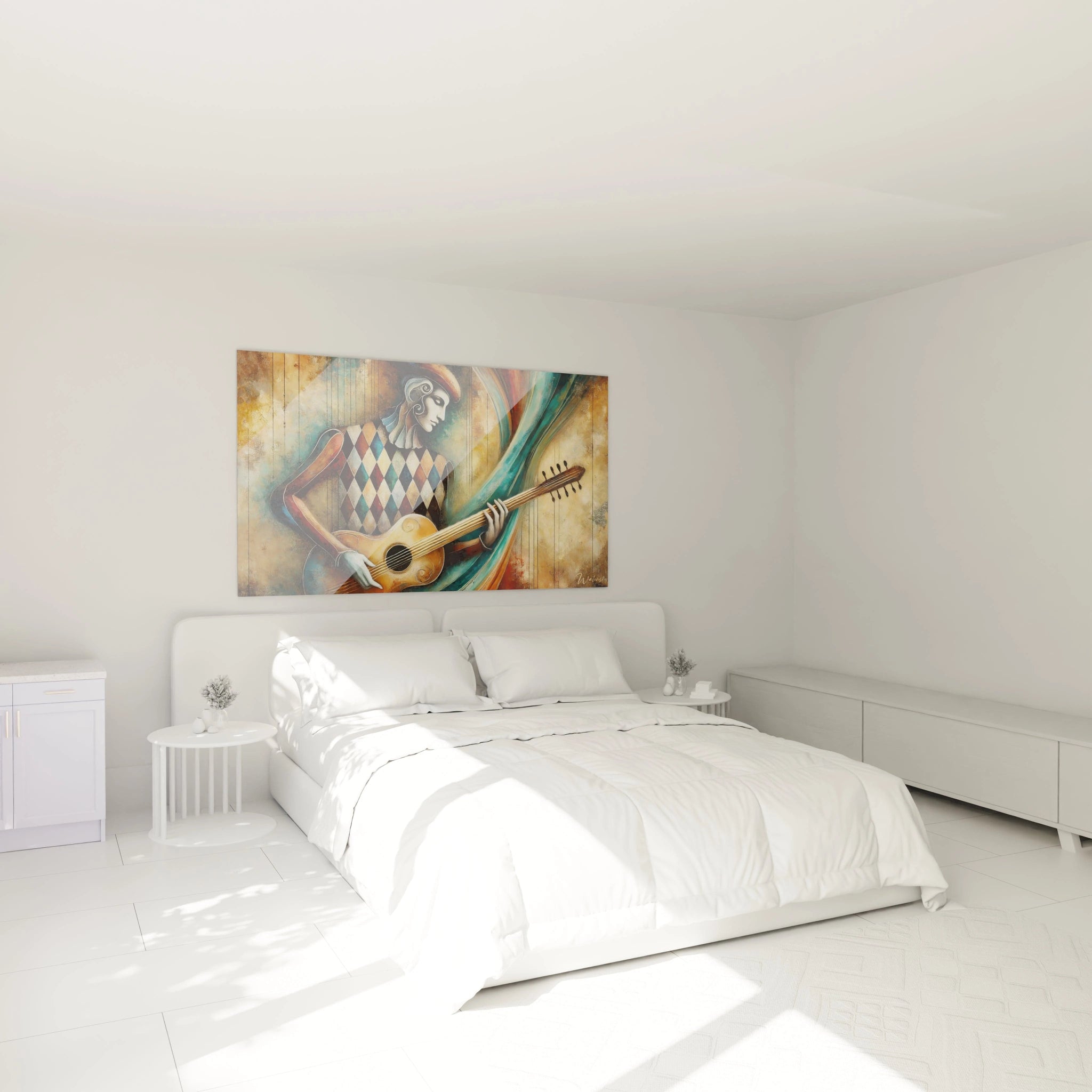 Un tableau musique abstrait installĂ© au-dessus dâun lit, ajoutant une touche apaisante Ă  une chambre Ă©lĂ©gante.