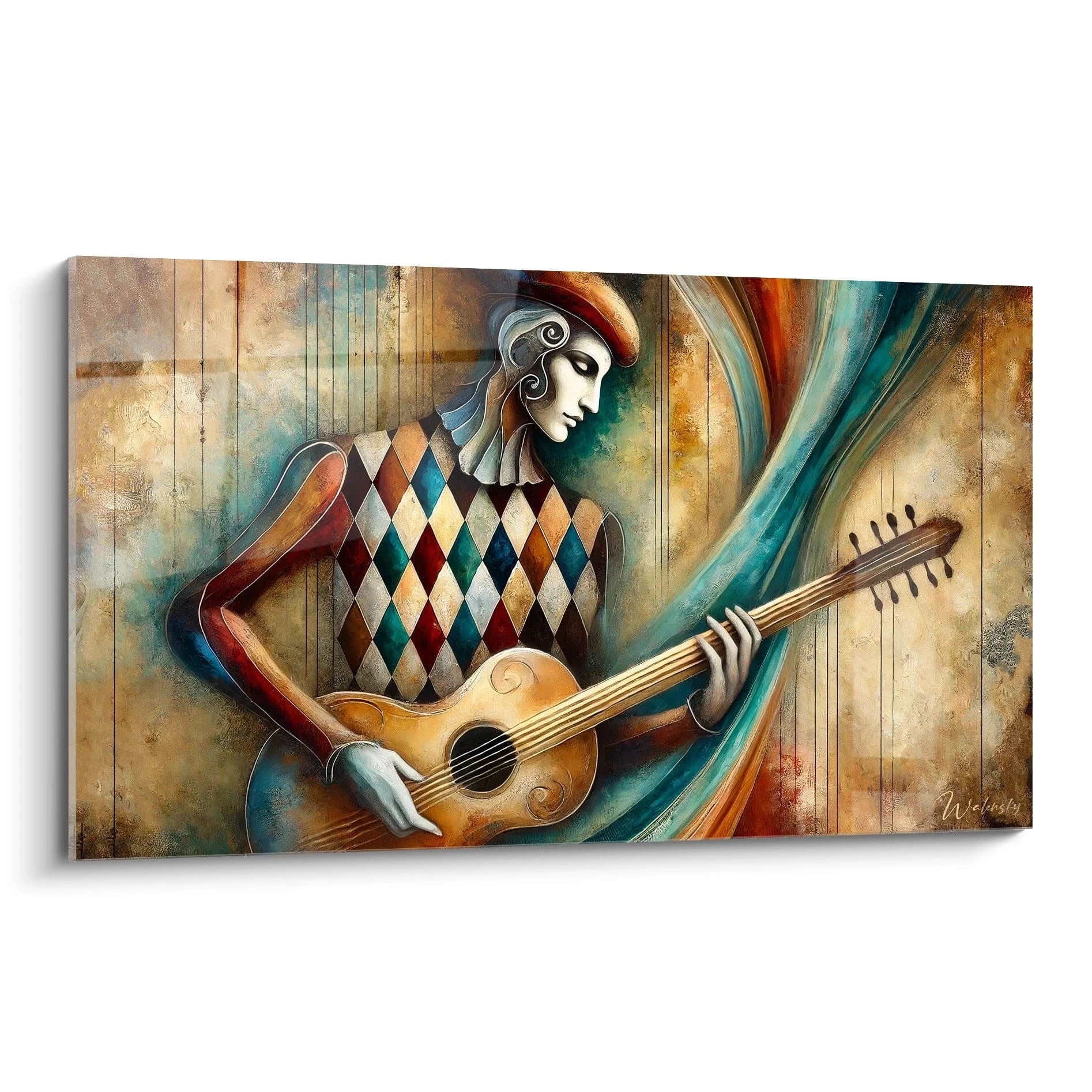 Un musicien vibrant au cĆur dâun tableau musique abstrait, entourĂ© de textures et de couleurs dynamiques.