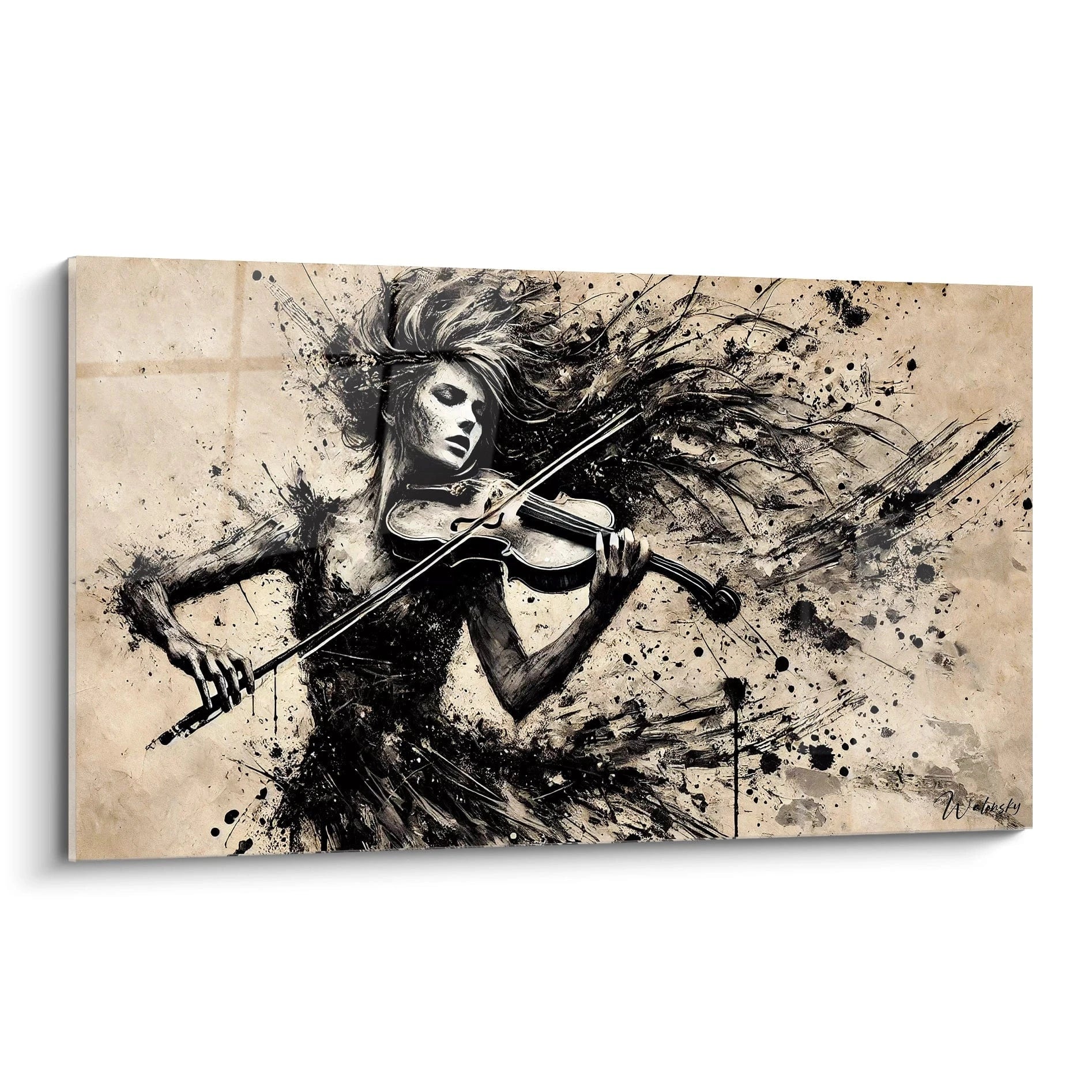 Un violoniste vibrant dans un tableau musique abstrait, entouré de textures noires et beige.