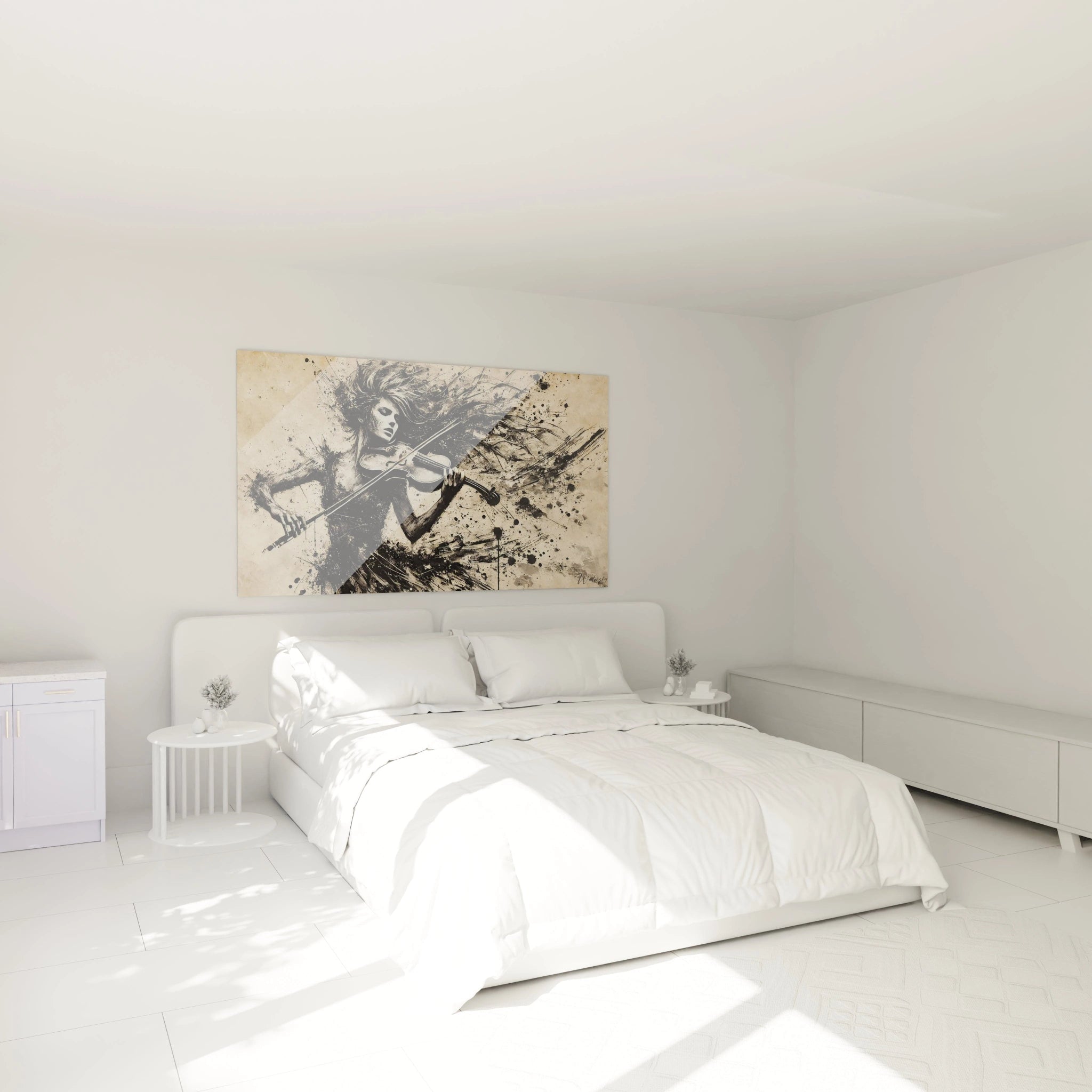 Un tableau musique abstrait suspendu au-dessus dâun lit dans une chambre moderne, crĂ©ant une ambiance Ă©lĂ©gante.