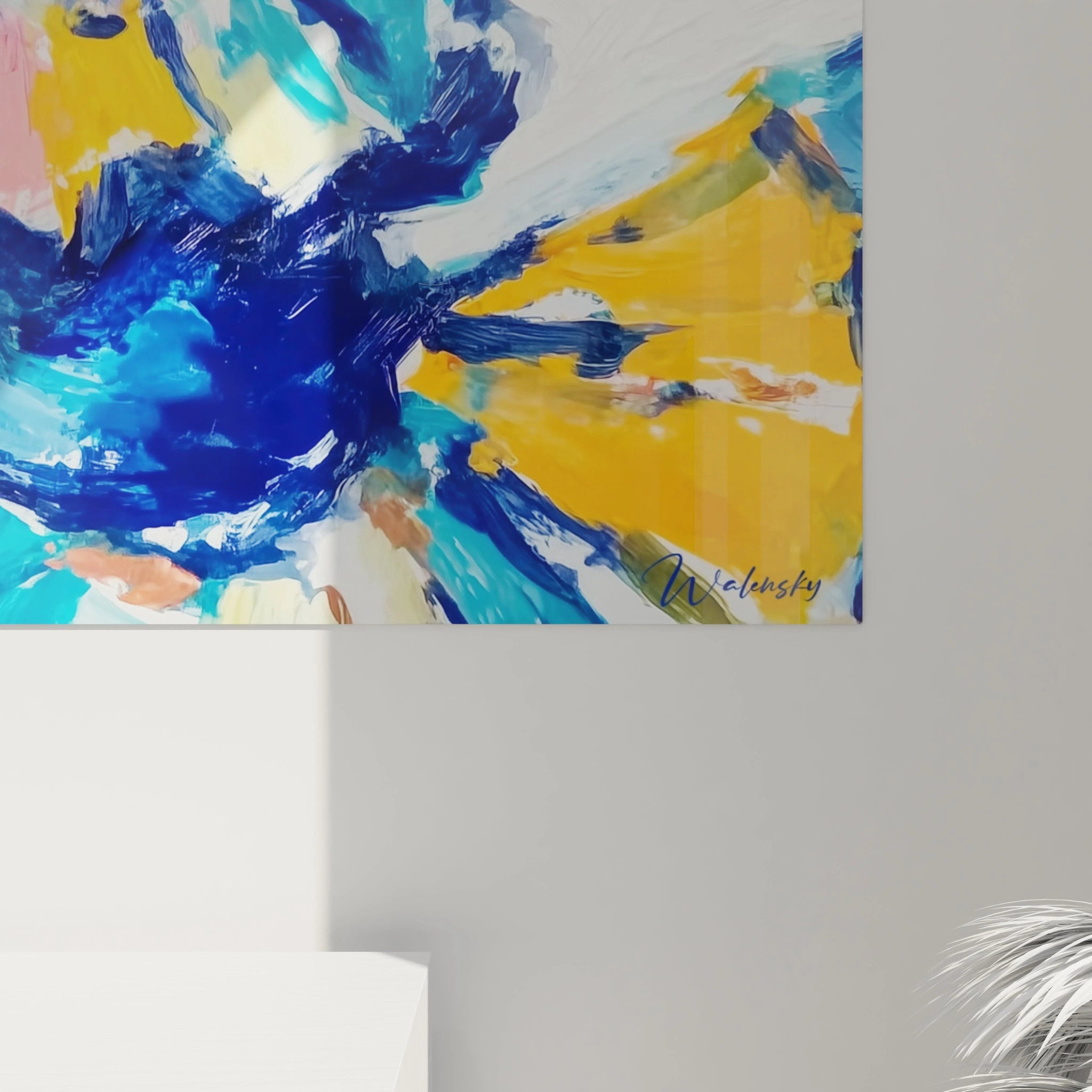 tableau danse africaine mural abstrait bleu et jaune signé Walensky pour décoration murale moderne