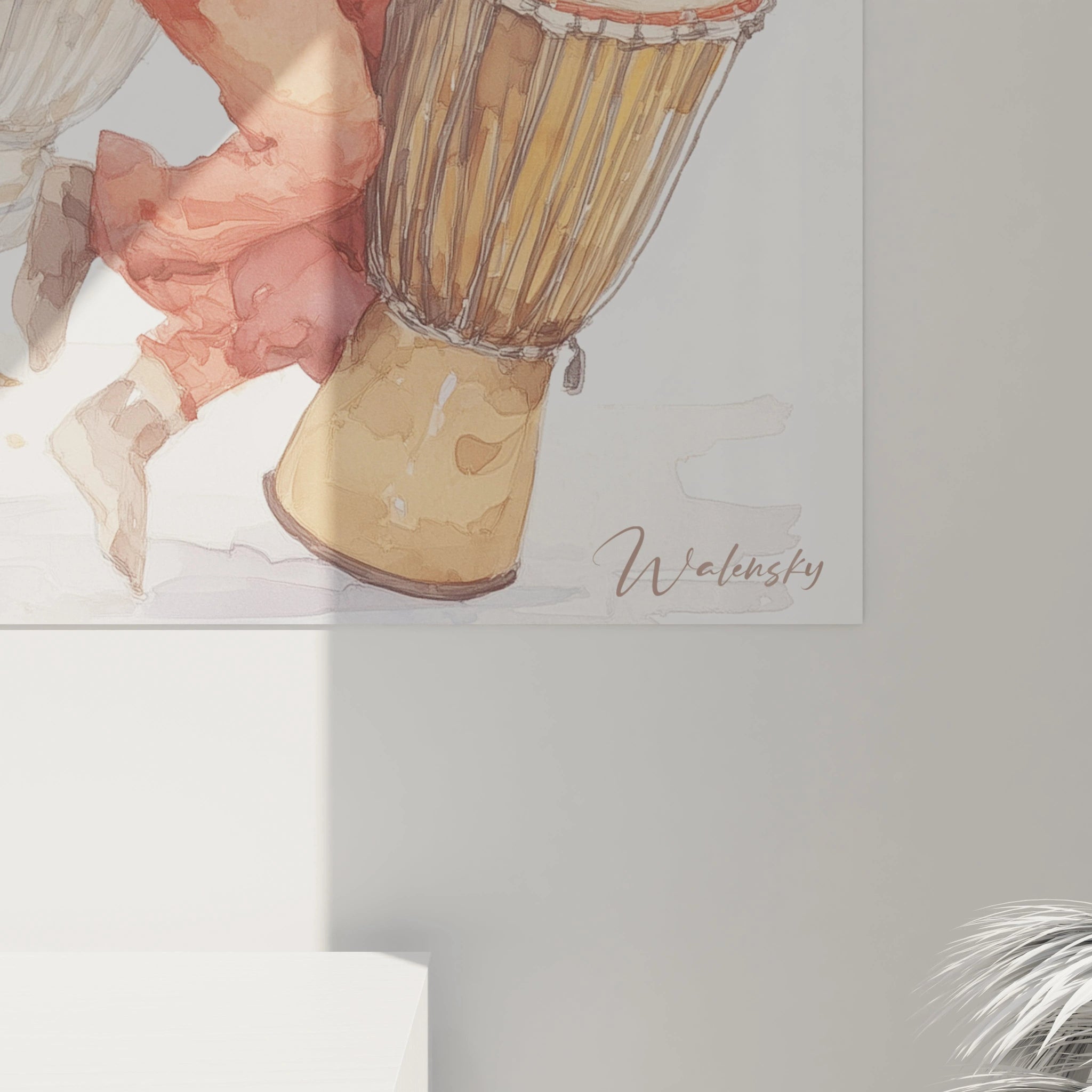 Tableau danse africaine moderne avec percussion, style artistique vibrant de Walensky