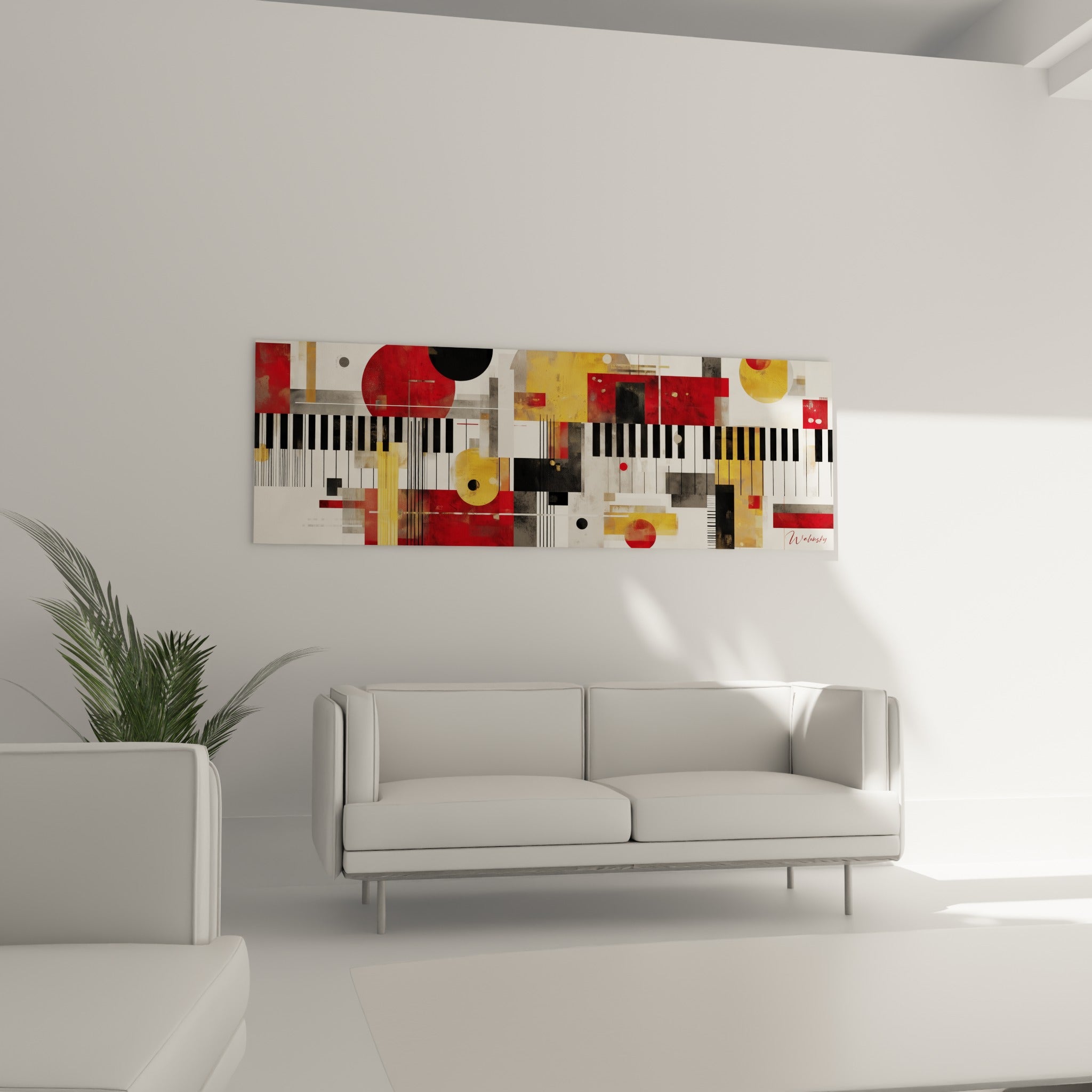 Composition musicale géométrique rouge et anthracite au-dessus d'un canapé dans un salon lumineux