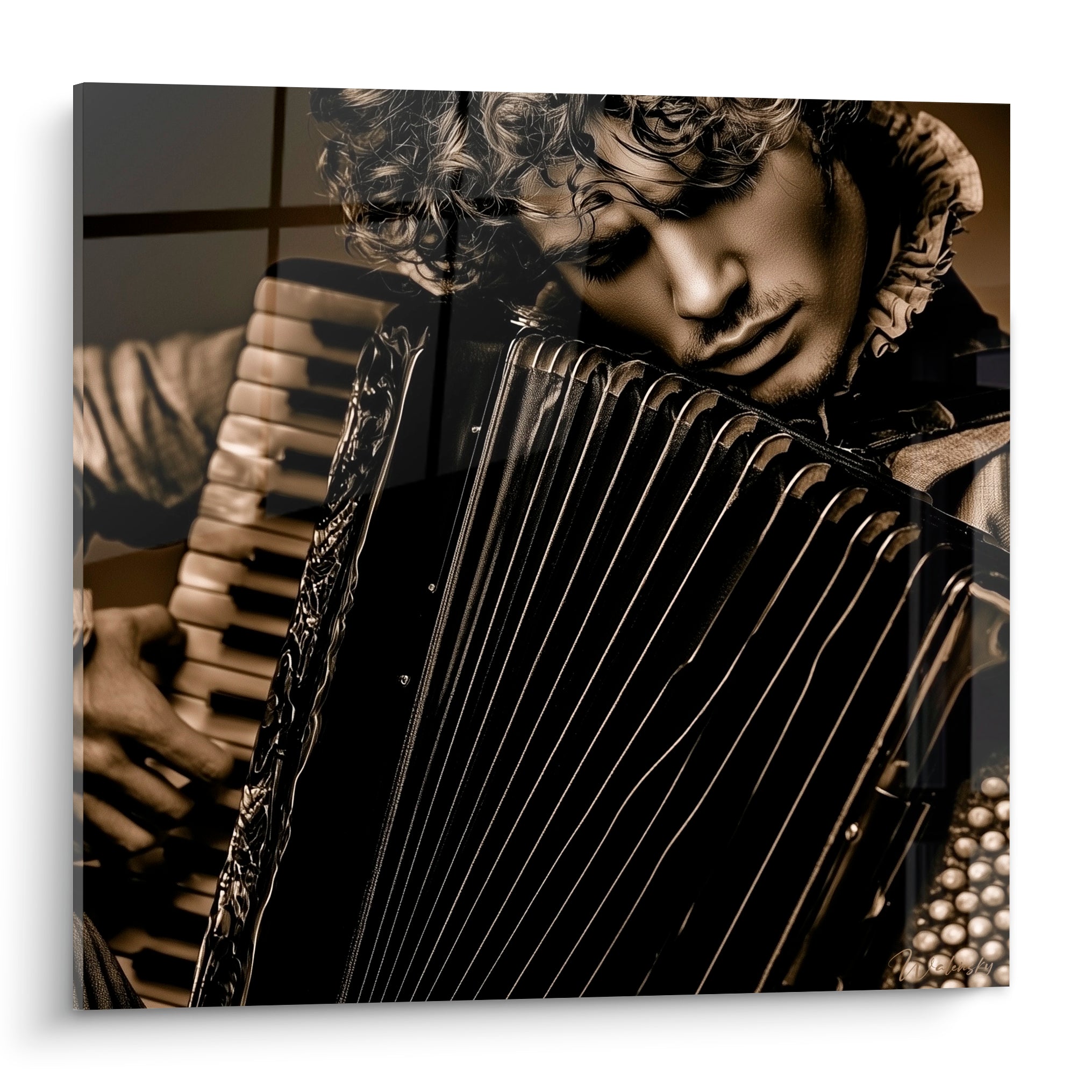 Accordéoniste aux boucles brunes penché sur son instrument, tons sépia et bronze intenses