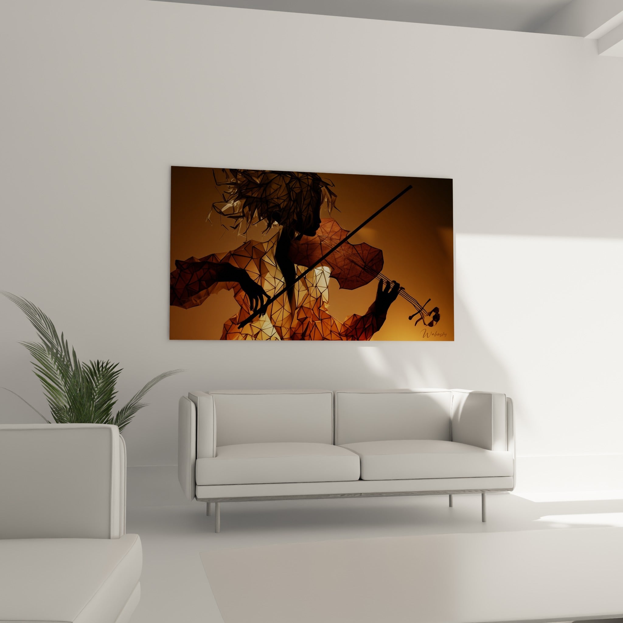 Silhouette de violoniste en polygones ambrés et bruns, archet tendu, au-dessus d'un canapé dans un salon lumineux