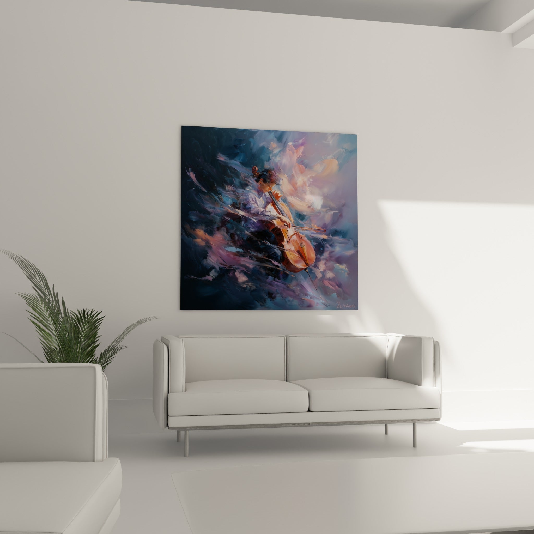 Violoncelliste captée en plein geste, couleurs pêche et anthracite, au-dessus d'un canapé dans un salon lumineux