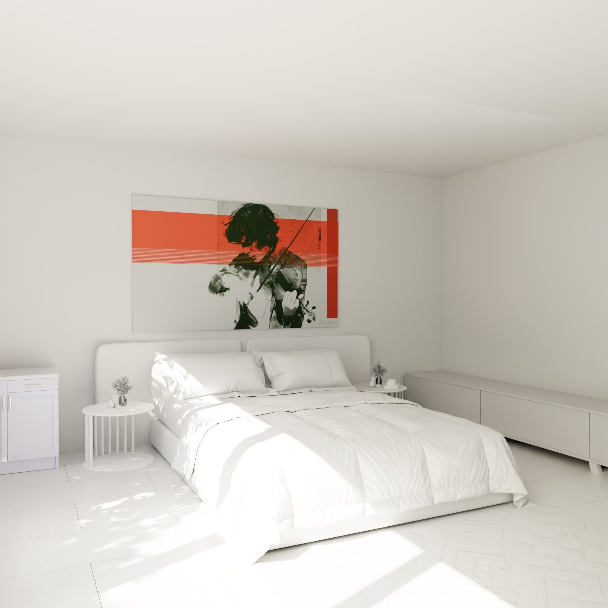 Musicien penché sur son violon, contrastes rouge écarlate et anthracite, au-dessus d'un lit dans une chambre claire