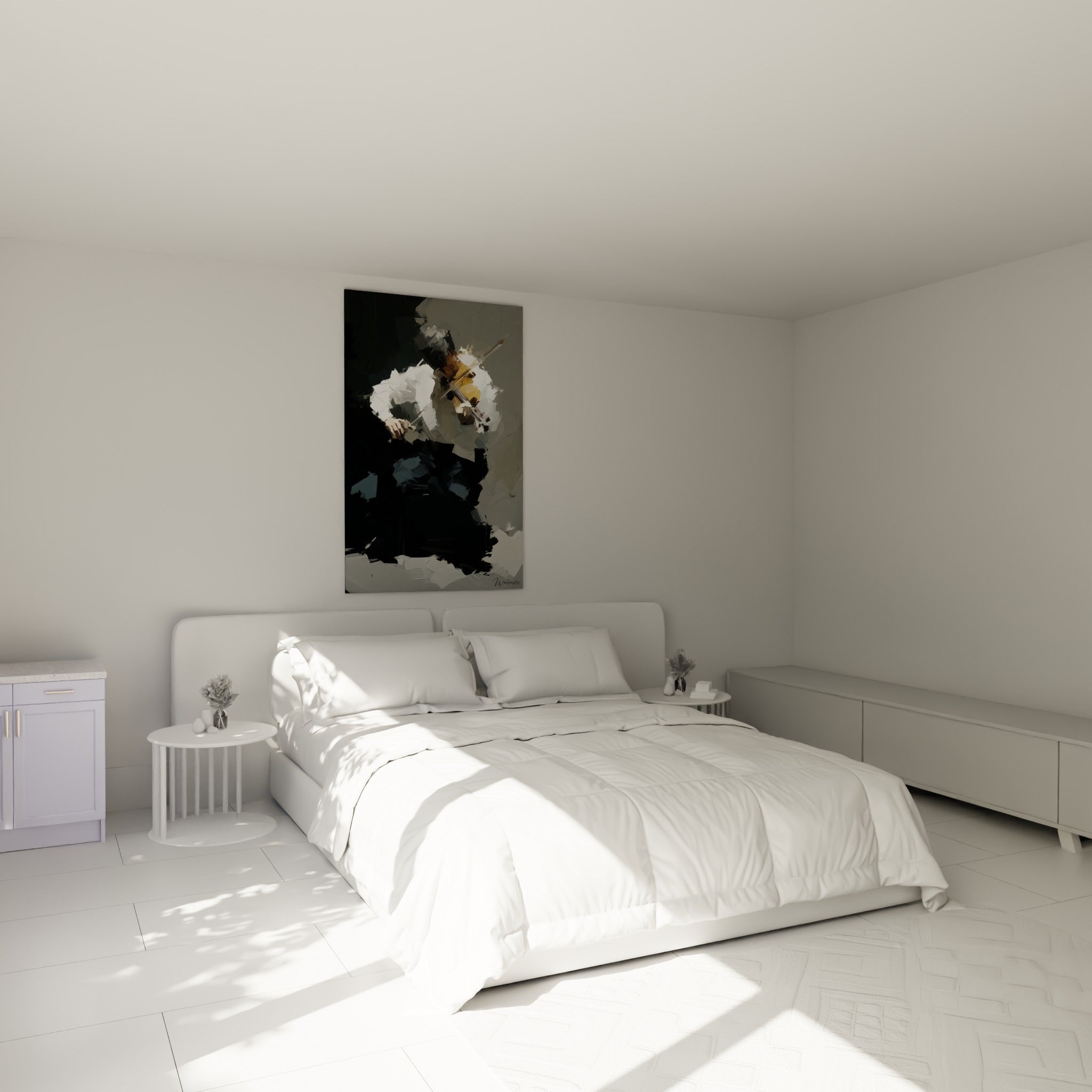 Instrumentiste concentré, chemise blanche et costume noir, tableau musique au-dessus d'un lit dans une chambre claire
