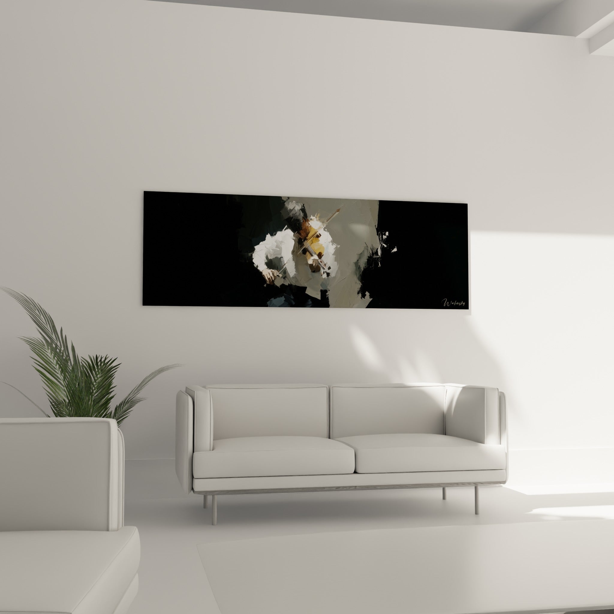 Instrumentiste concentré, contrastes noirs et gris texturés, au-dessus d'un canapé dans un salon lumineux