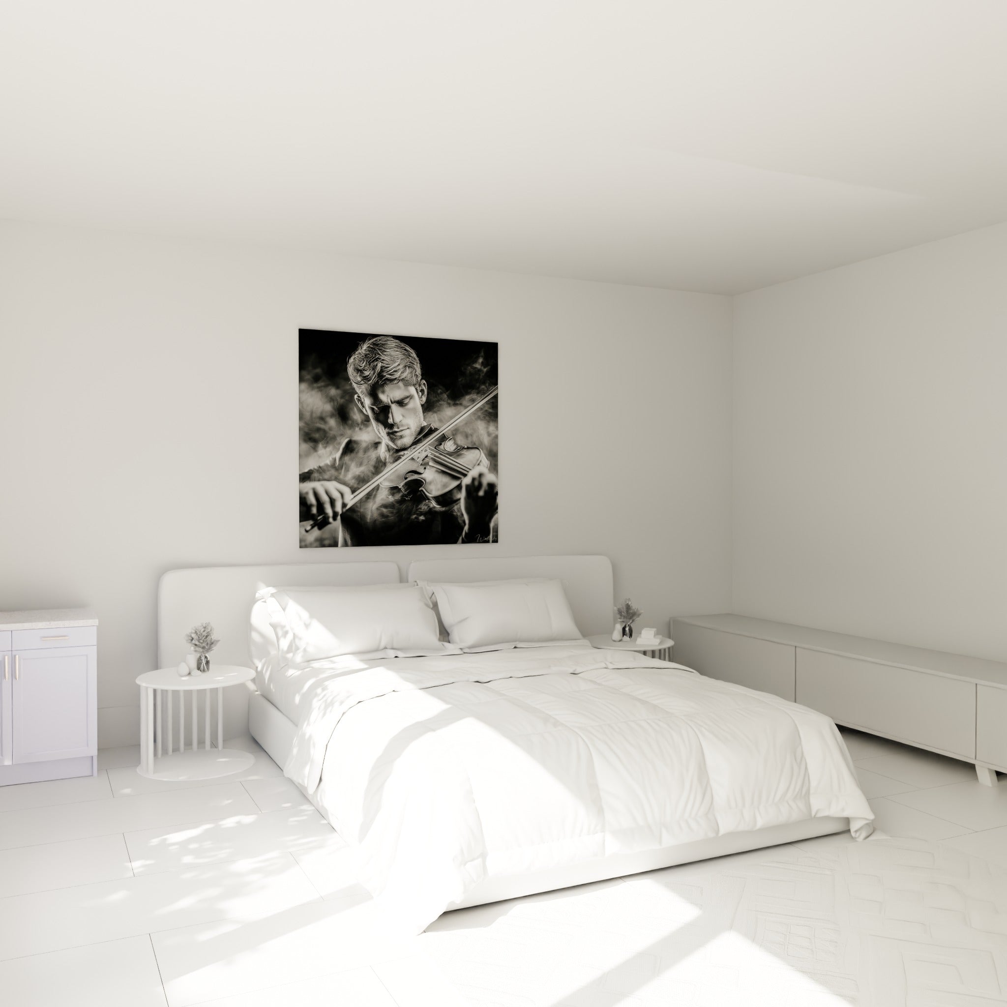 Musicien absorbé dans son violon, contrastes noir et blanc, accroché au-dessus d'un lit dans une chambre claire
