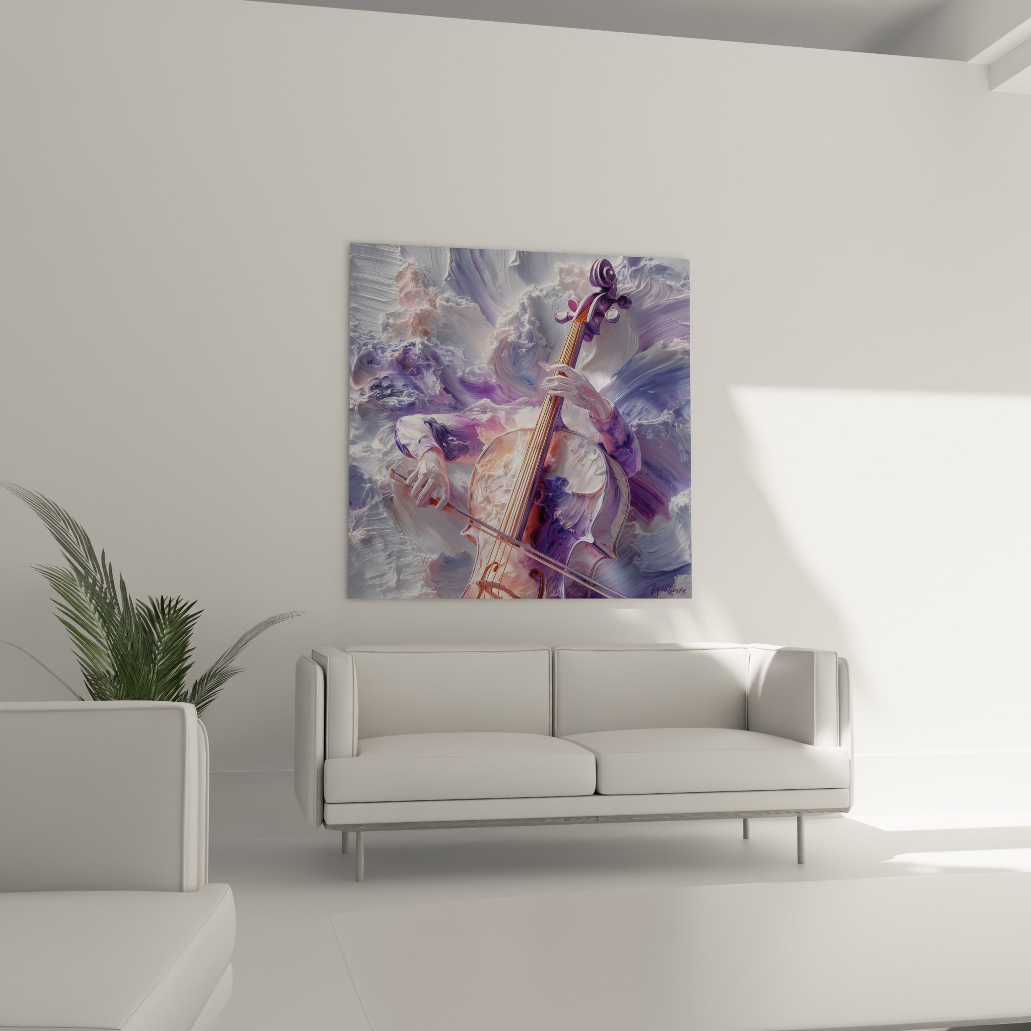 Cordes et archet du violoncelle dans un tourbillon lilas et blanc, au-dessus d'un canapé dans un salon lumineux