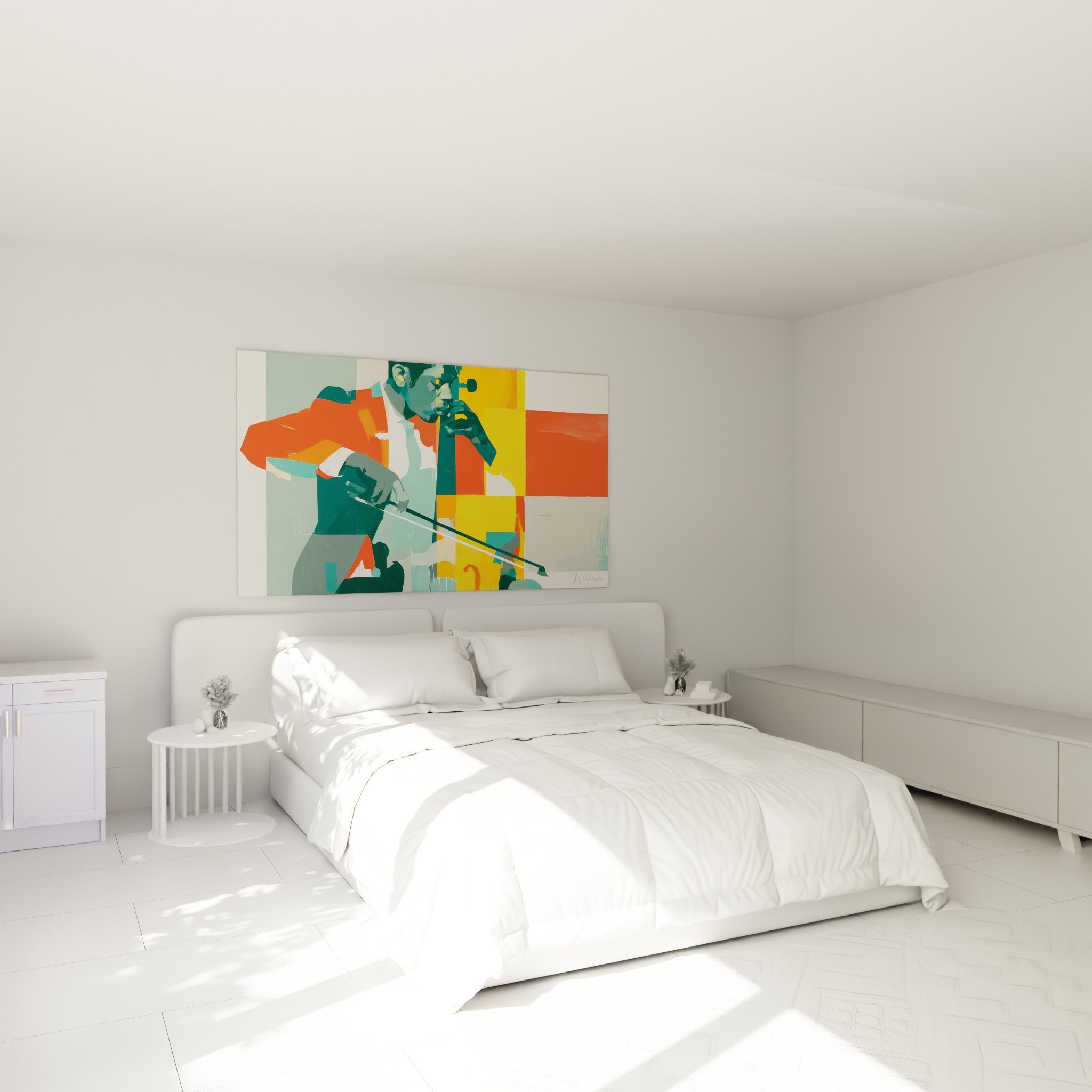 Musicien à l'archet blanc, tons orange et sarcelle, accroché au-dessus d'un lit dans une chambre claire