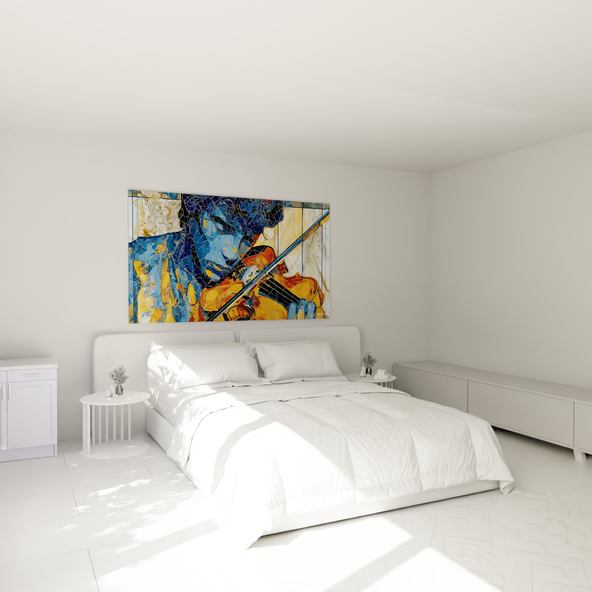 Musicien penché sur son violon en bleu marine et orange brûlé, accroché au-dessus d'un lit dans une chambre claire