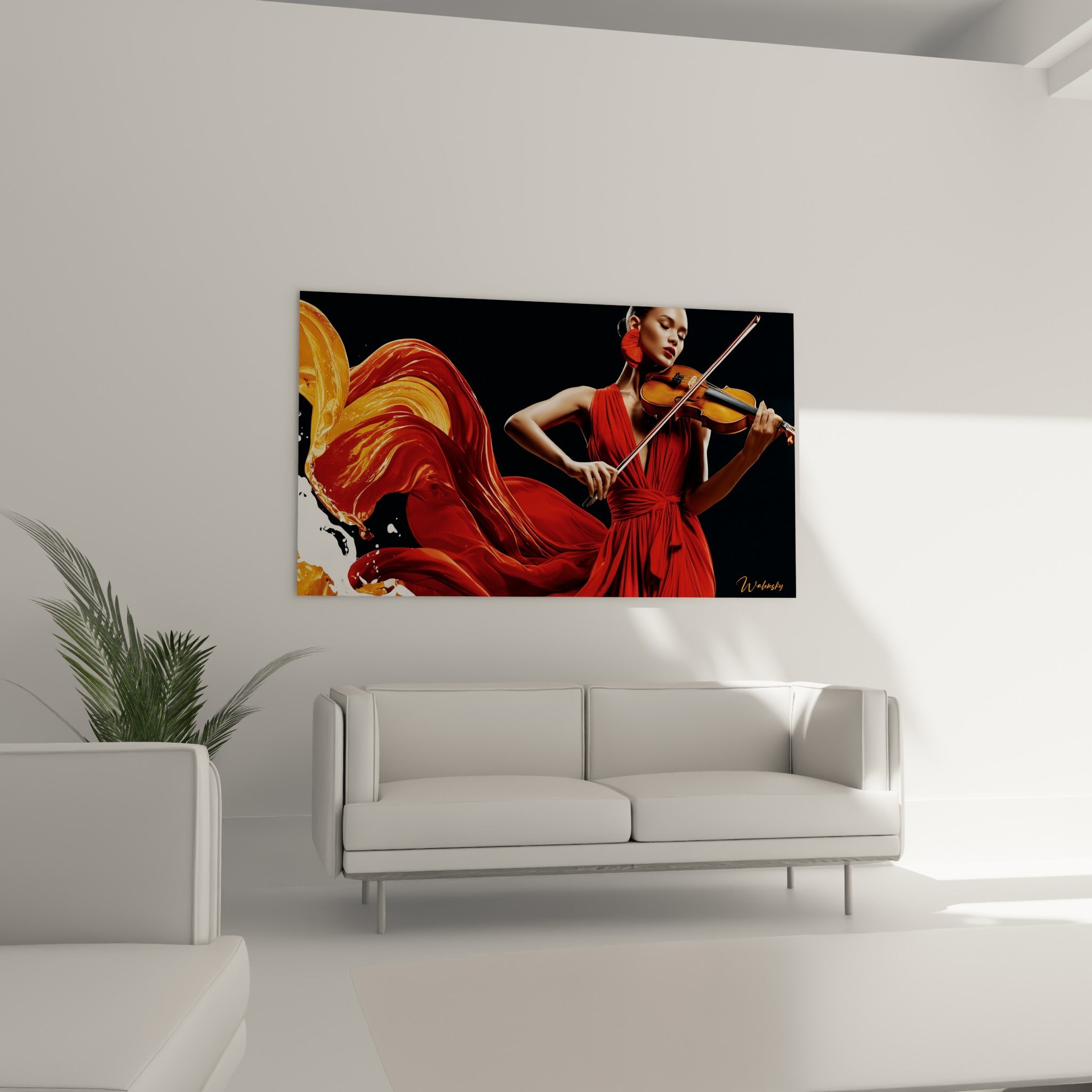 Silhouette rouge et or captée en plein archet, au-dessus d'un canapé dans un salon lumineux