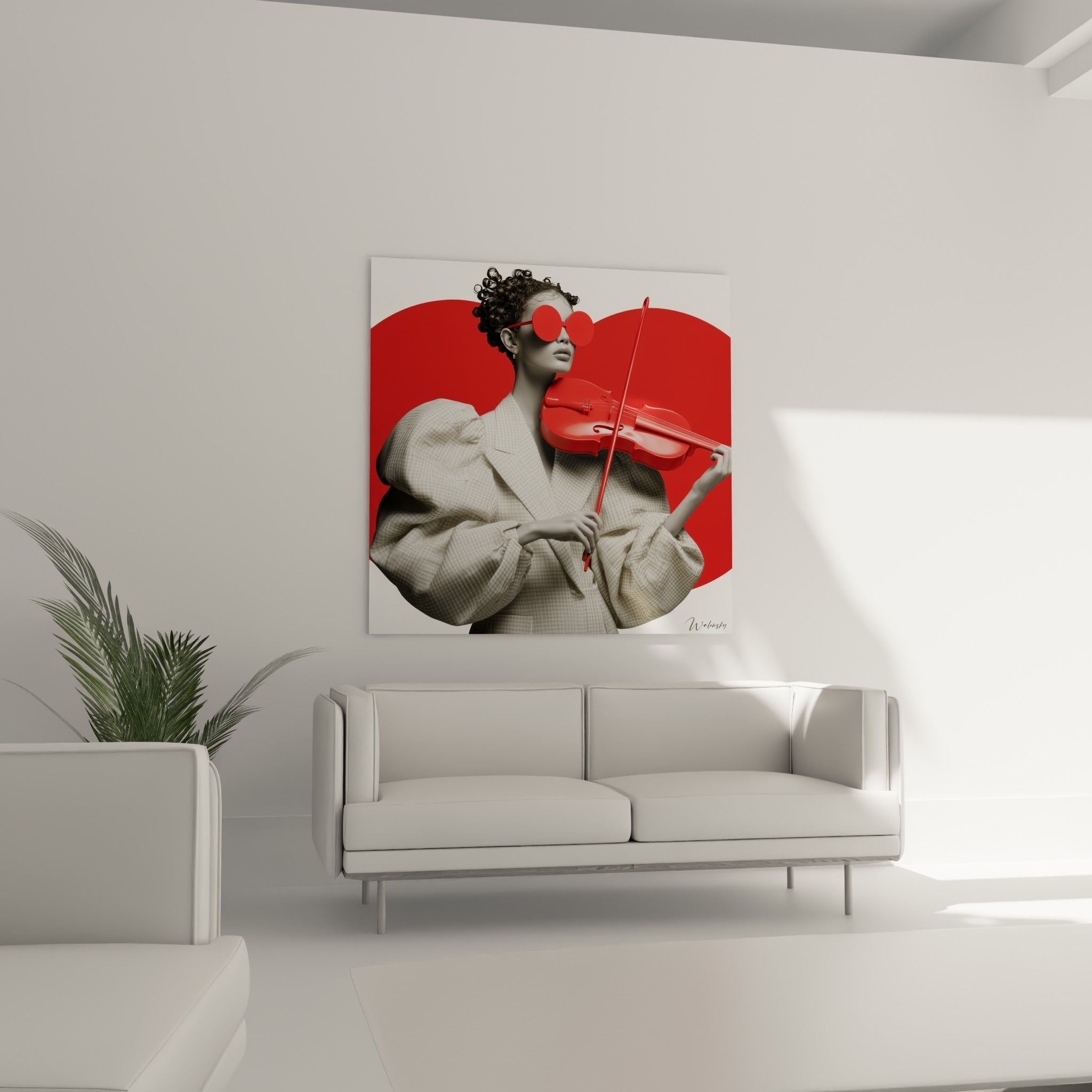 Musicienne aux boucles sculptées et lunettes écarlates joue du violon rouge, au-dessus d'un canapé dans un salon lumineux